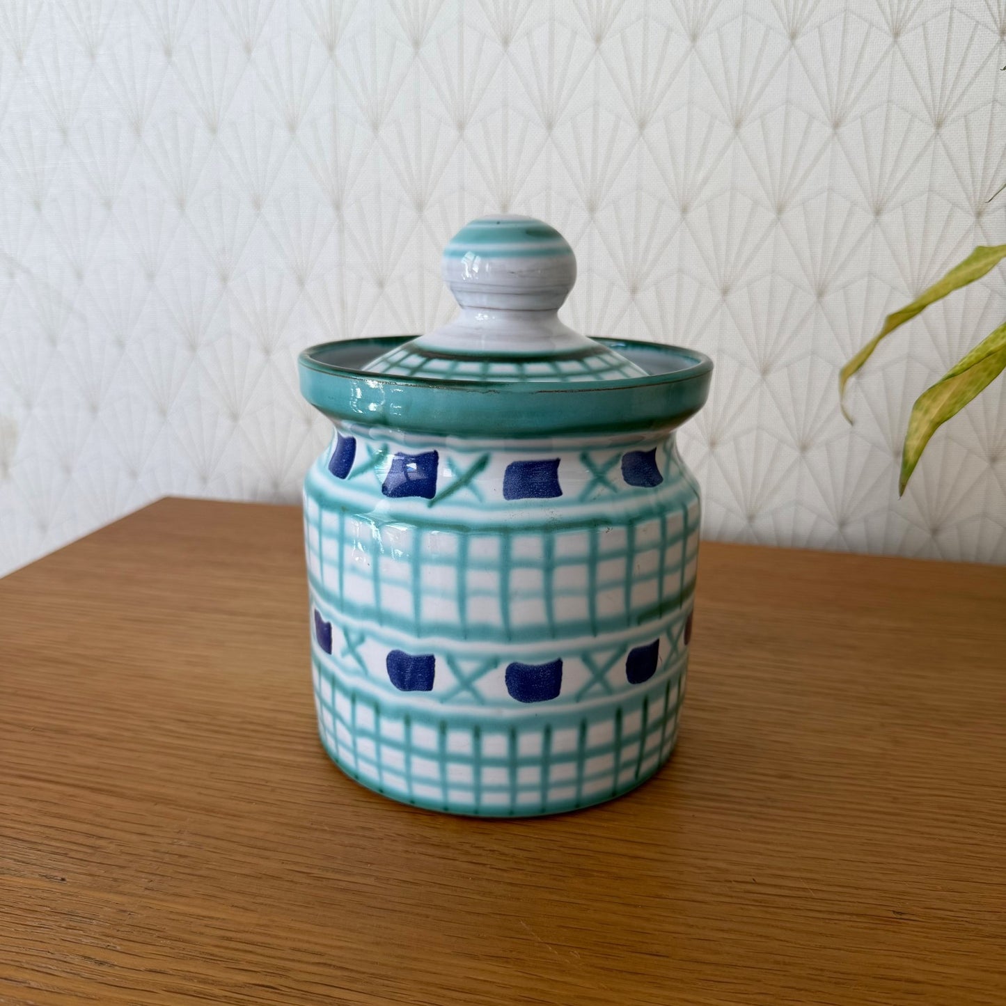 Vallauris pottery jar by Robert Picault showing alternating grid and diamond motifs