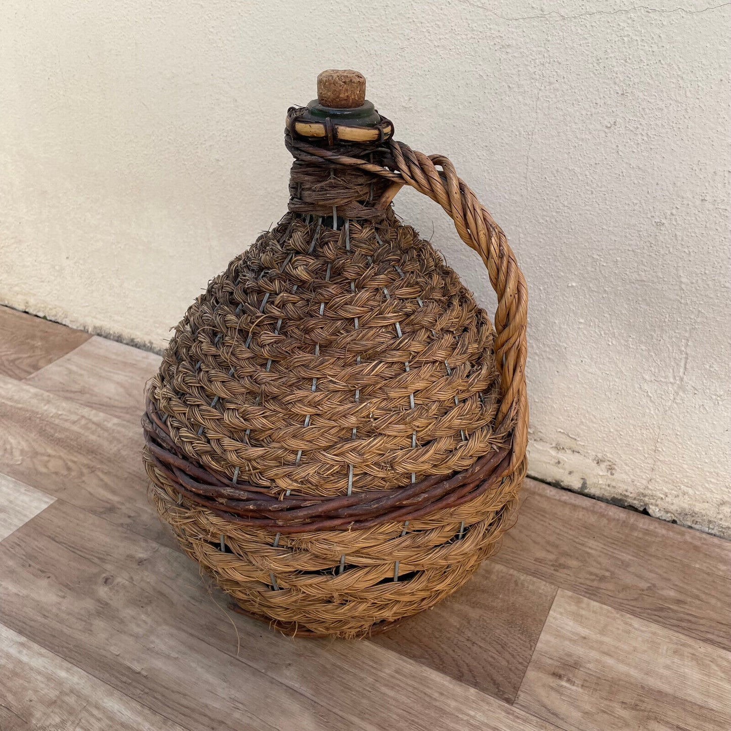 Old French Green Dame Jeanne Demi John Carboy Bottle bonbonne rattan 2710221 - Fleamarketfrance