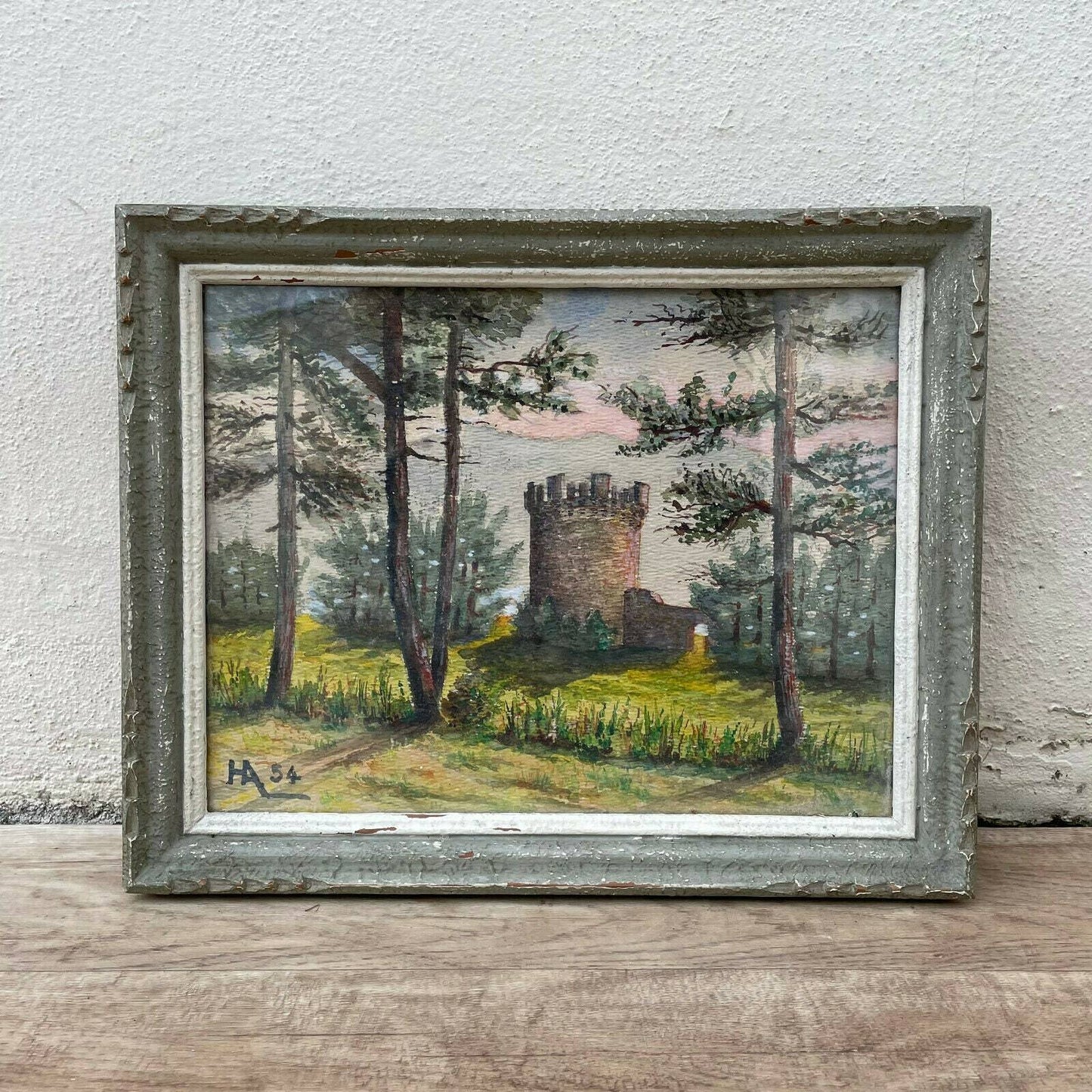 Vintage French Watercolor Castle Landscape Painting Signed HA54 15022120 Does Not Apply