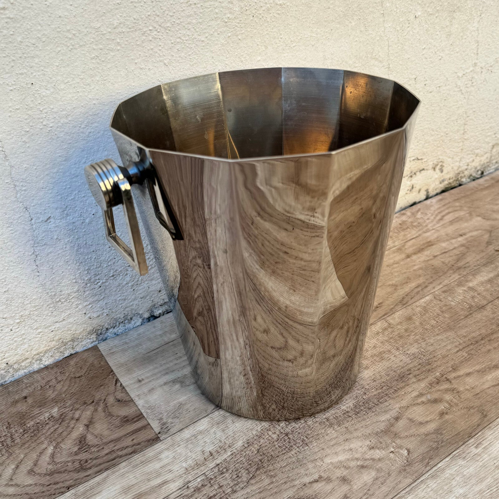 French Silver Ice Bucket Champagne Wine Cooler Wood Grain Pattern 0905245 Unbranded