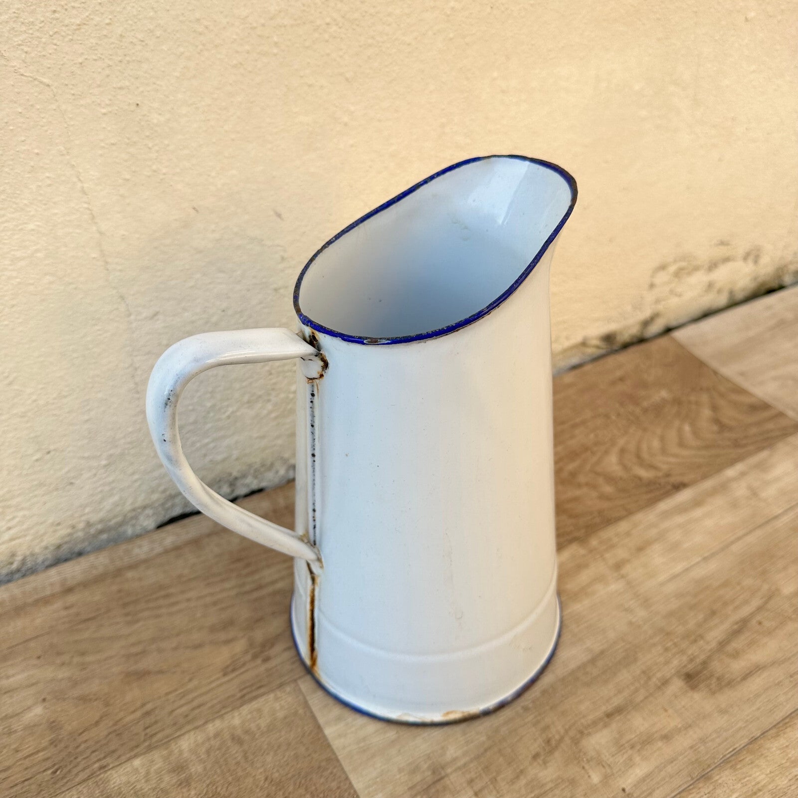French Enamelware Pitcher White Blue Rim Vintage Water Jug 8" 2509241 Fleamarketfrance