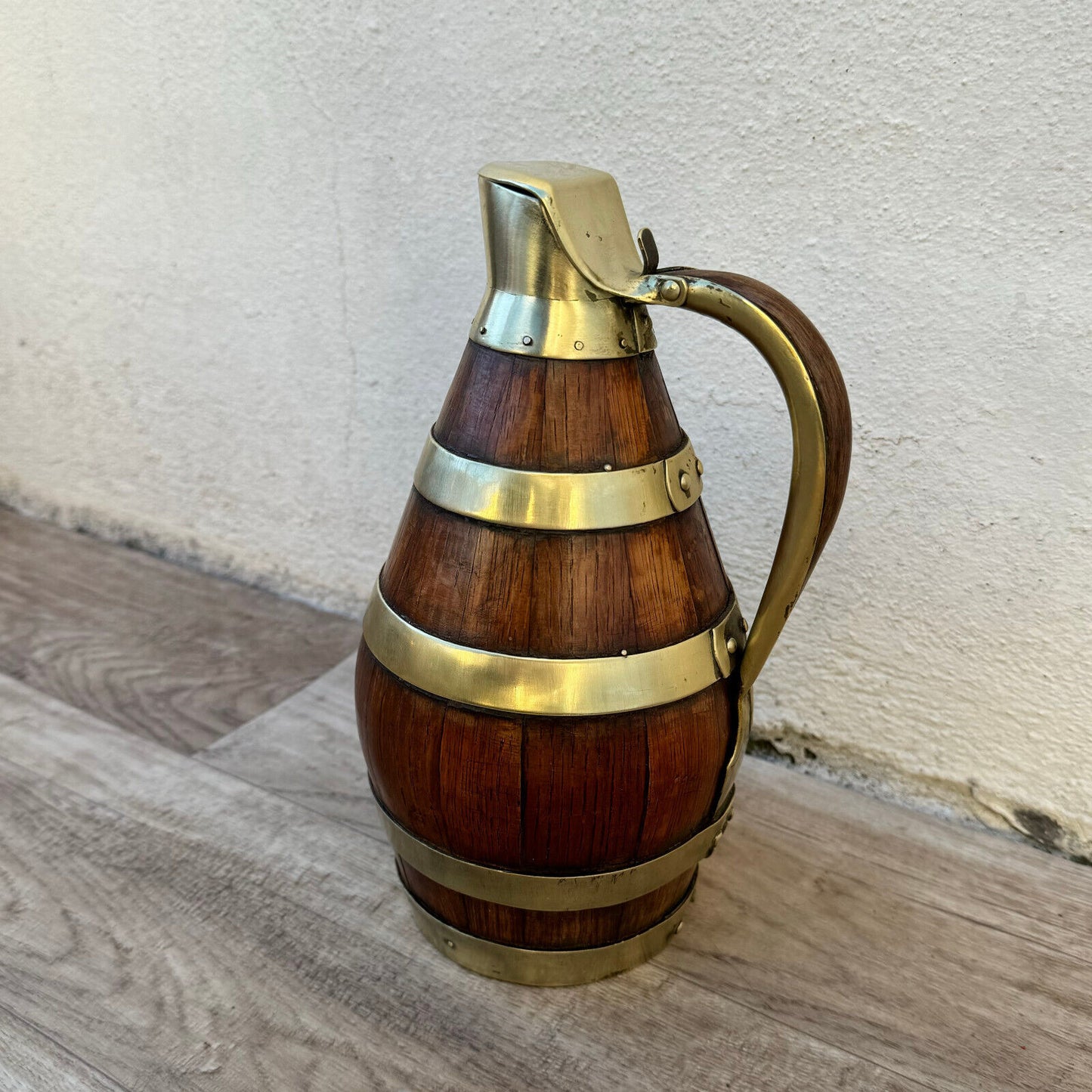 Vintage French Wooden Wine Cider Jug Pitcher Staved Wood Metal 9 1/4" 04052410 - Fleamarketfrance