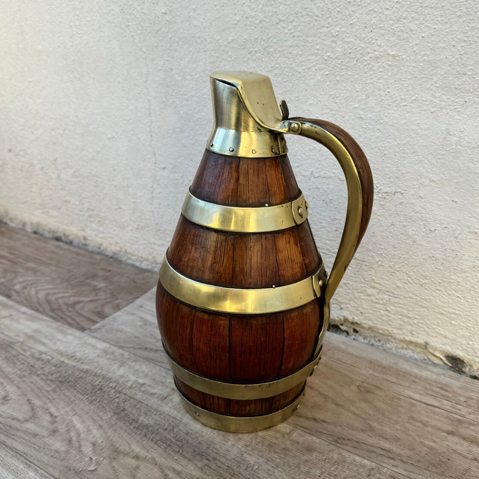 Vintage French Wooden Wine Cider Jug Pitcher Staved Wood Metal 9 1/4" 04052410 - Fleamarketfrance