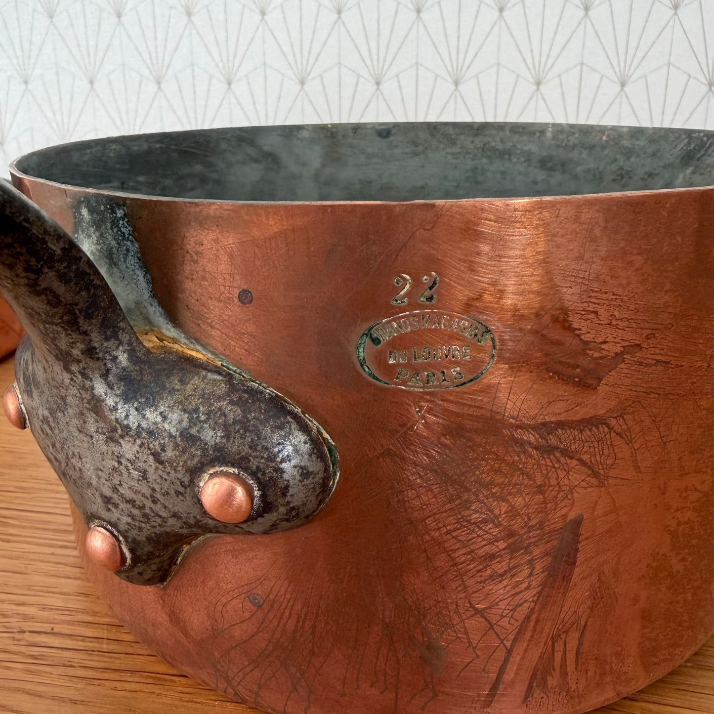 French Copper Pans Set 3 Tin Lined Grands Magasins du Louvre Paris 230711