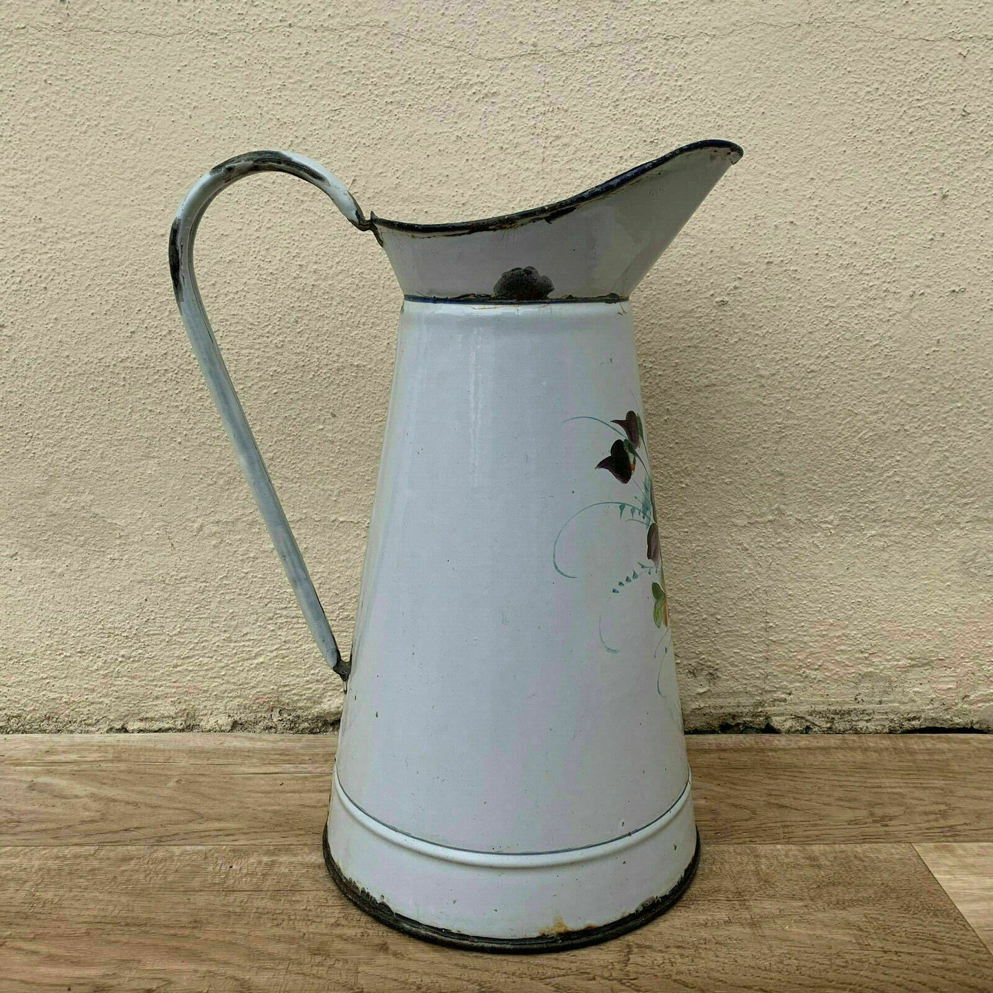 Vintage French Enamel pitcher jug water enameled white flowers 0604194 - Fleamarketfrance