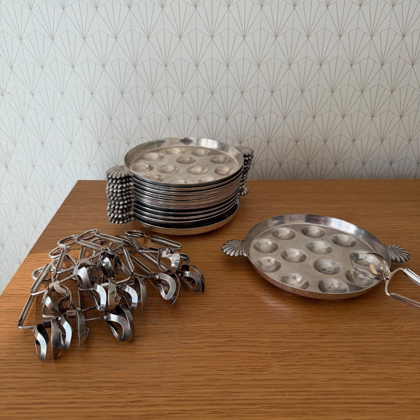 French Escargot Plates Set 12 Silver Plate Snail Dishes Tongs 13012617 Fleamarketfrance : French vintage and antique decor
