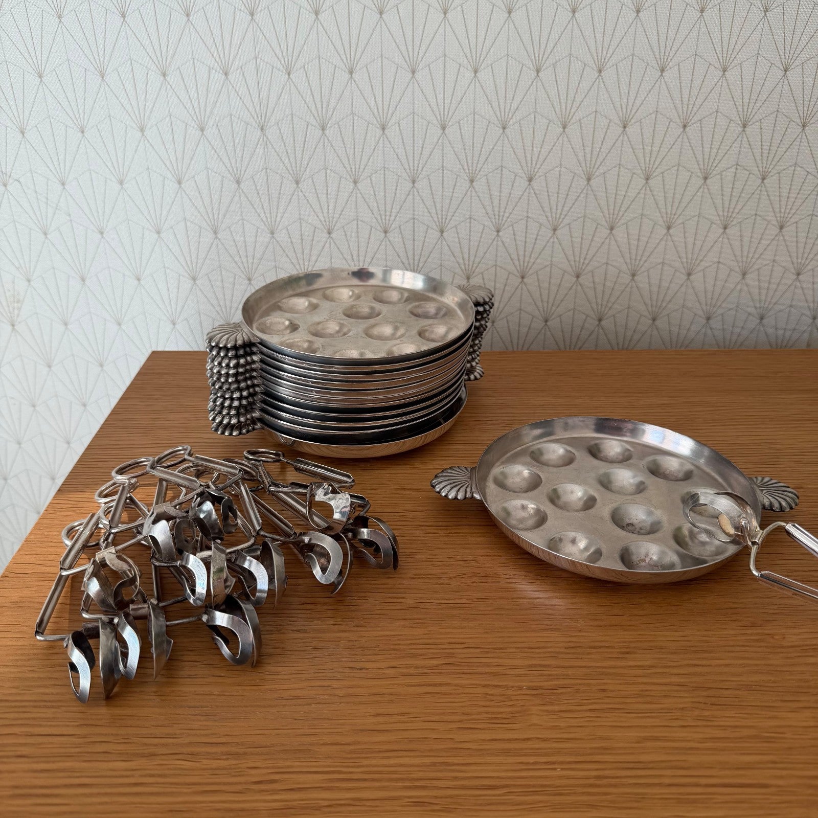 French Escargot Plates Set 12 Silver Plate Snail Dishes Tongs 13012617 Fleamarketfrance : French vintage and antique decor