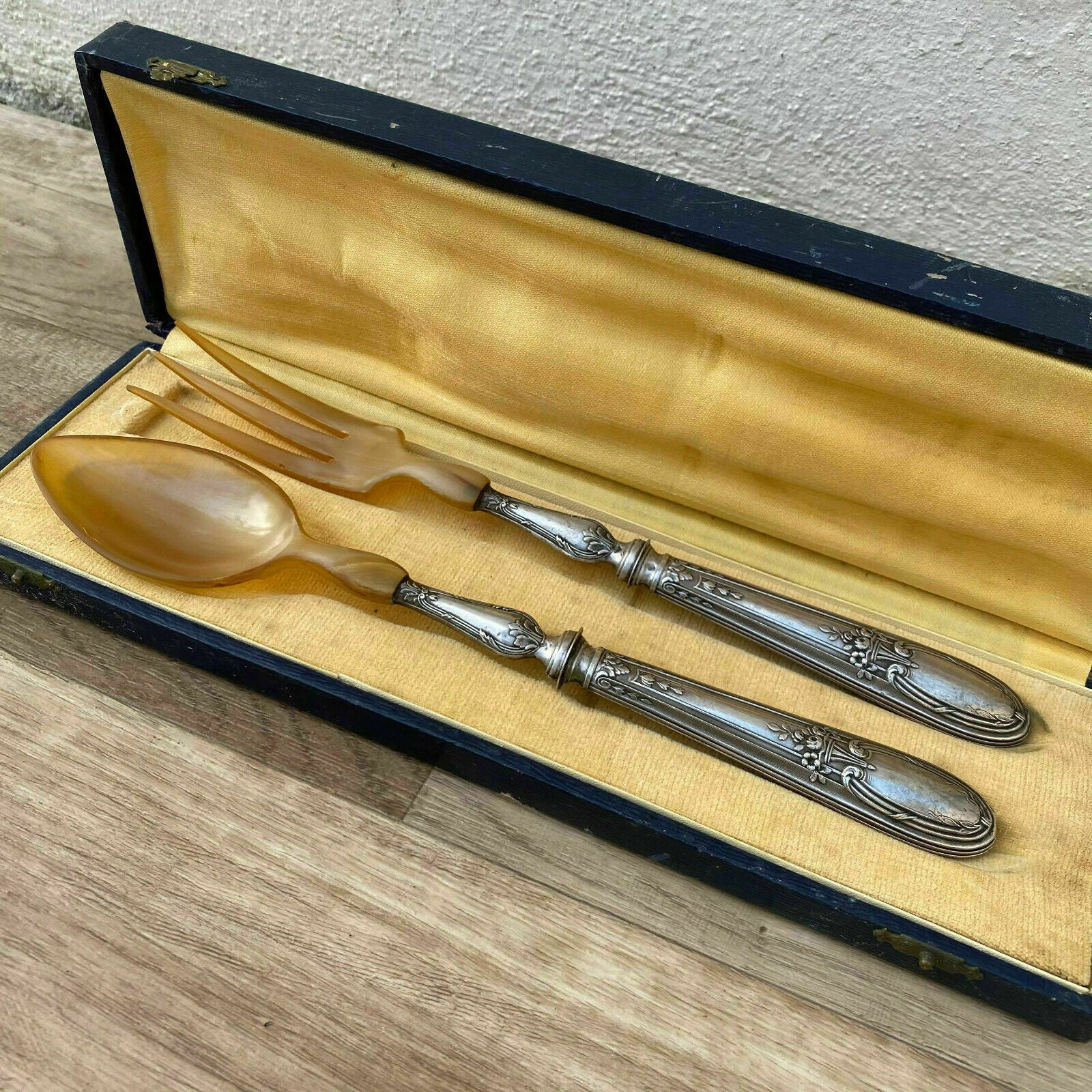 French Sterling Silver Serving Set Antique Salad Spoons Boxed 11122011 Unbranded