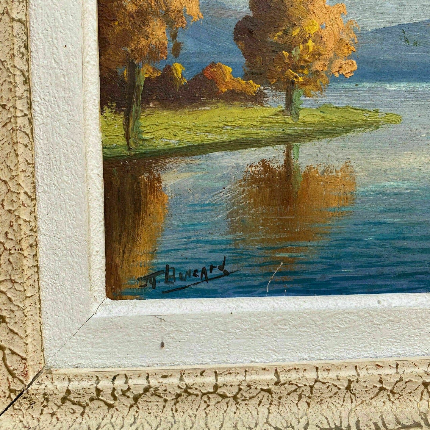 VINTAGE FRENCH ART LANDSCAPE PAINTING SIGNED LAKE SWANS 3001215 - Fleamarketfrance