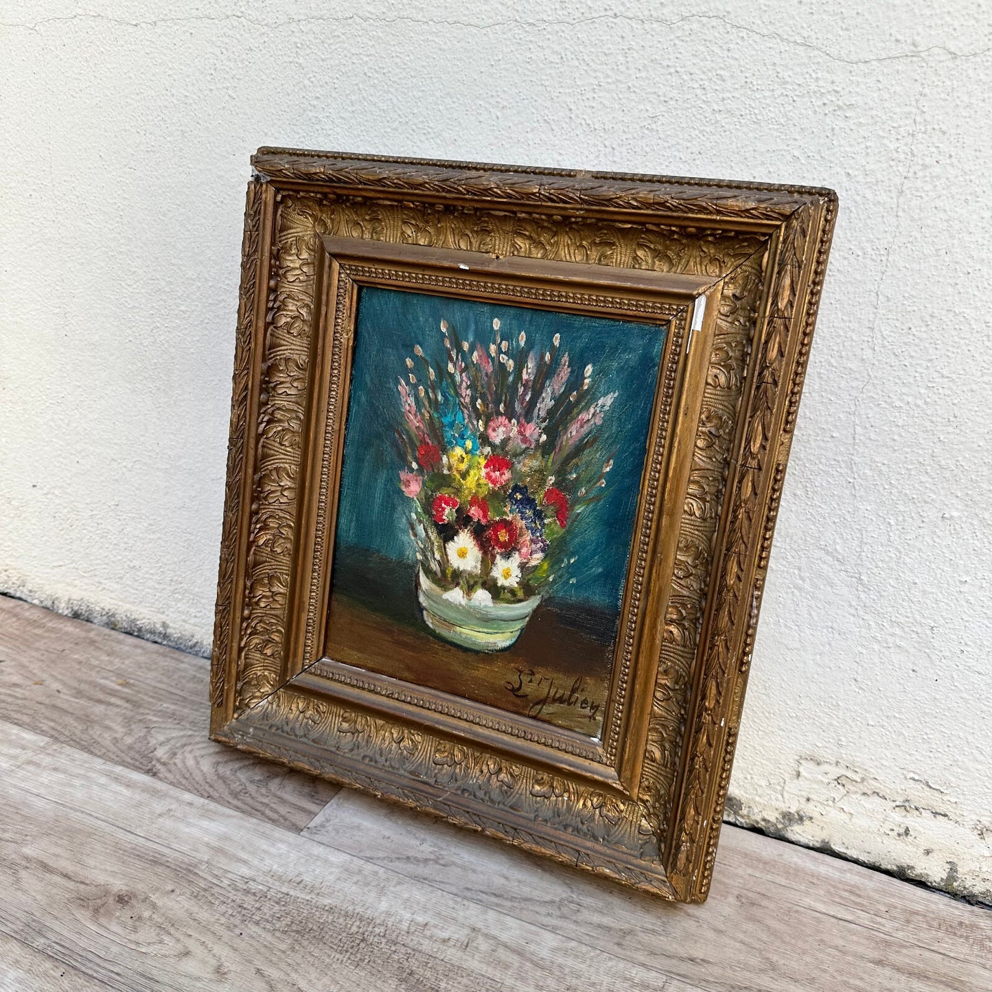 French Vintage Floral Still Life Oil Painting Signed L Julien Frame 01112329 Fleamarketfrance