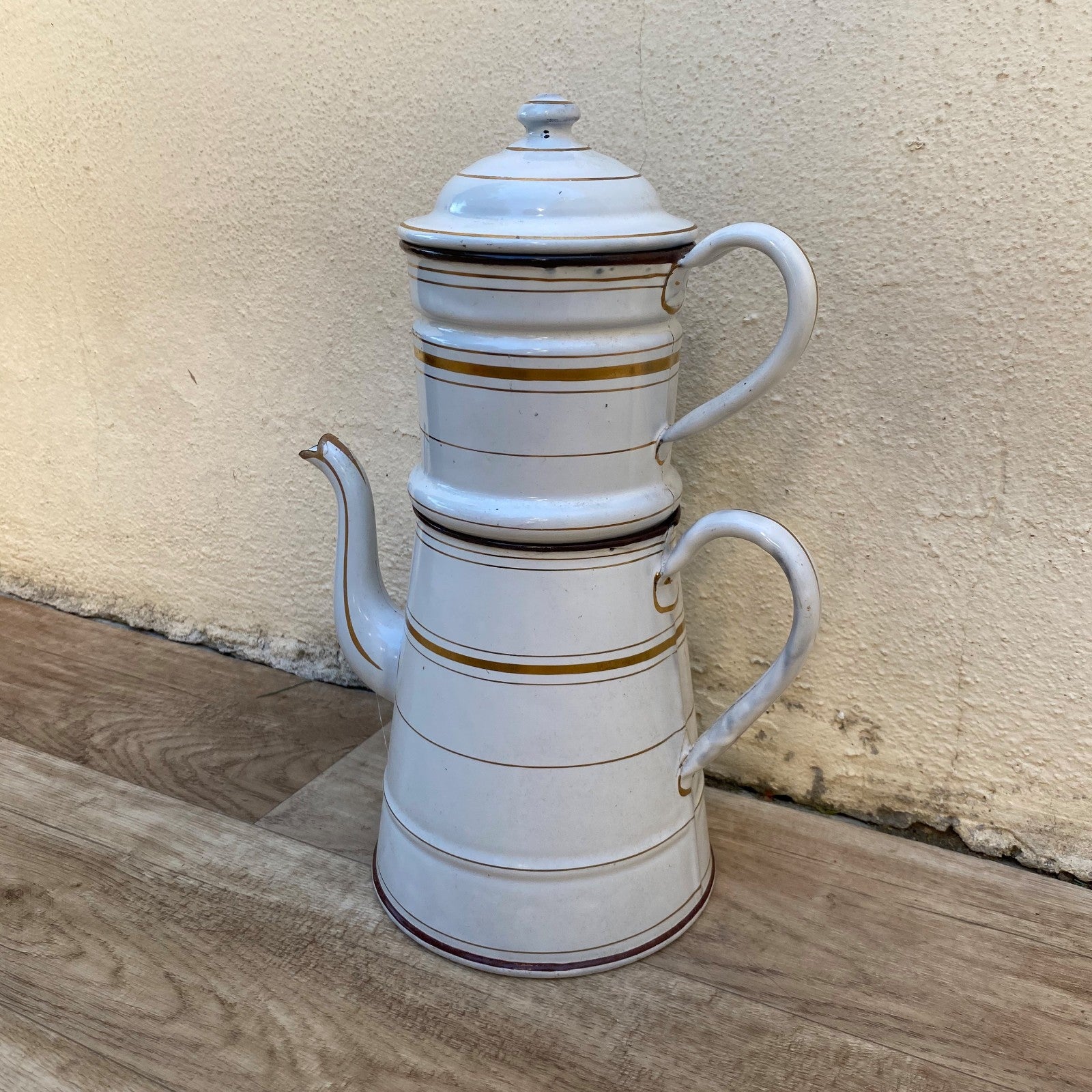 French Enamelware Drip Coffee Pot White Gold Stripes Vintage 04072619 Fleamarketfrance
