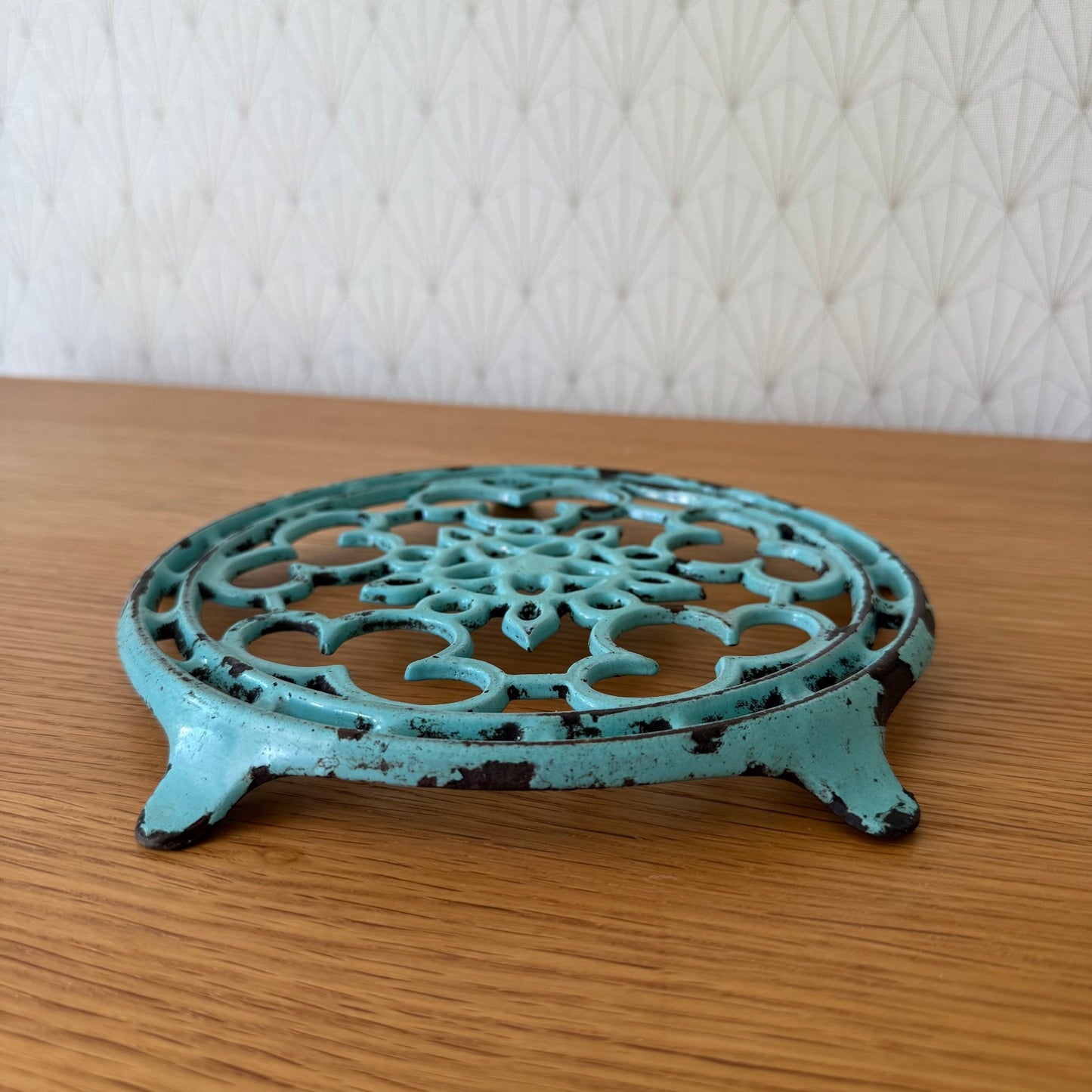 Antique vintage french Cast iron kitchen Trivet  france blue turquoise 2307254