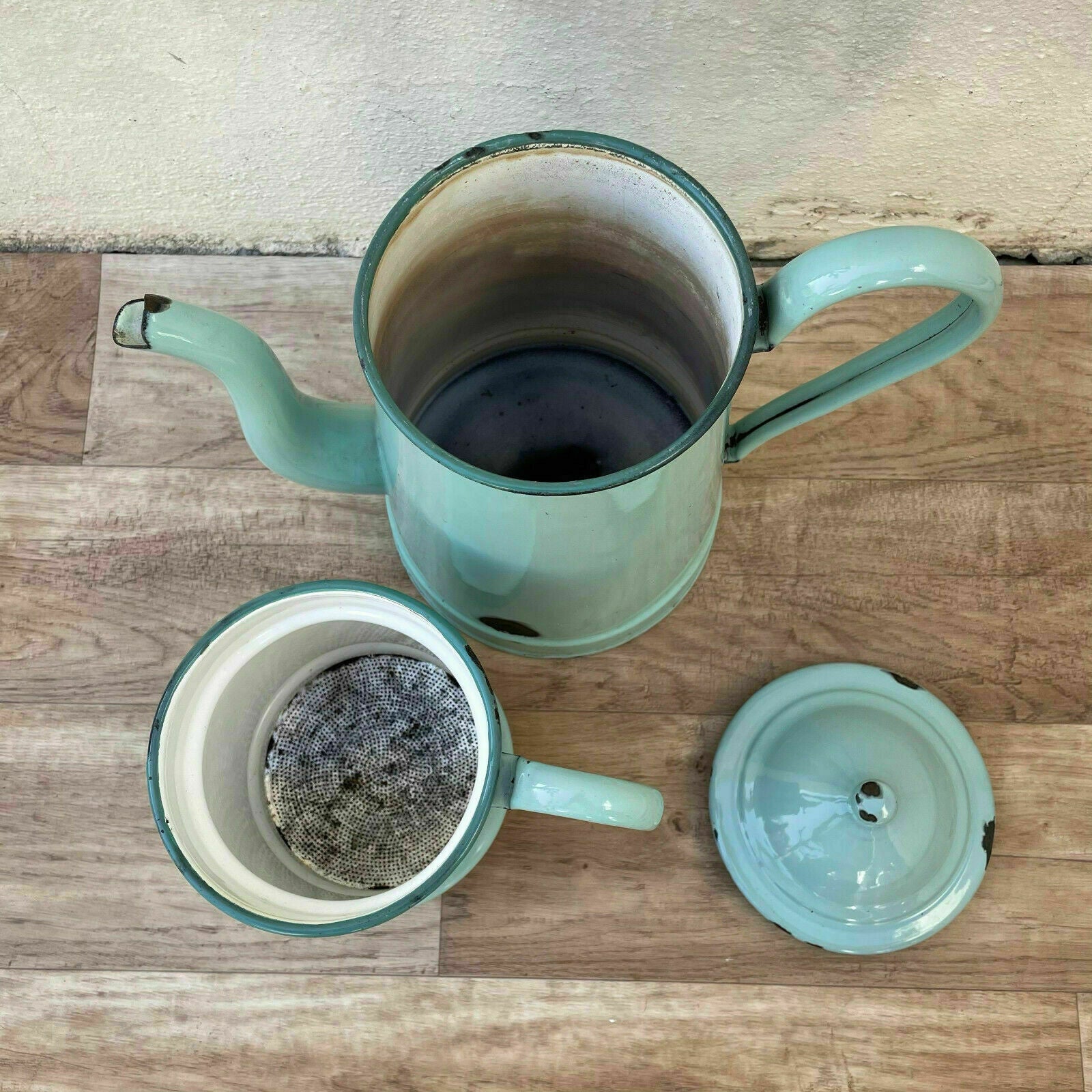 TALL Vintage French Enamelware Enameled green Enamel Coffee Pot 1804212 - Fleamarketfrance