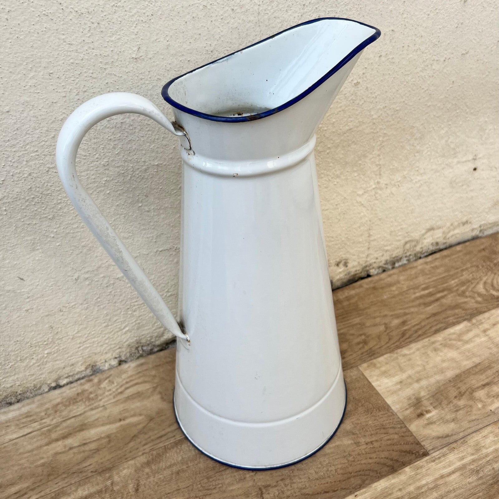 French Enamel Pitcher White Blue Rim Water Jug Antique 37cm 1512245 Fleamarketfrance
