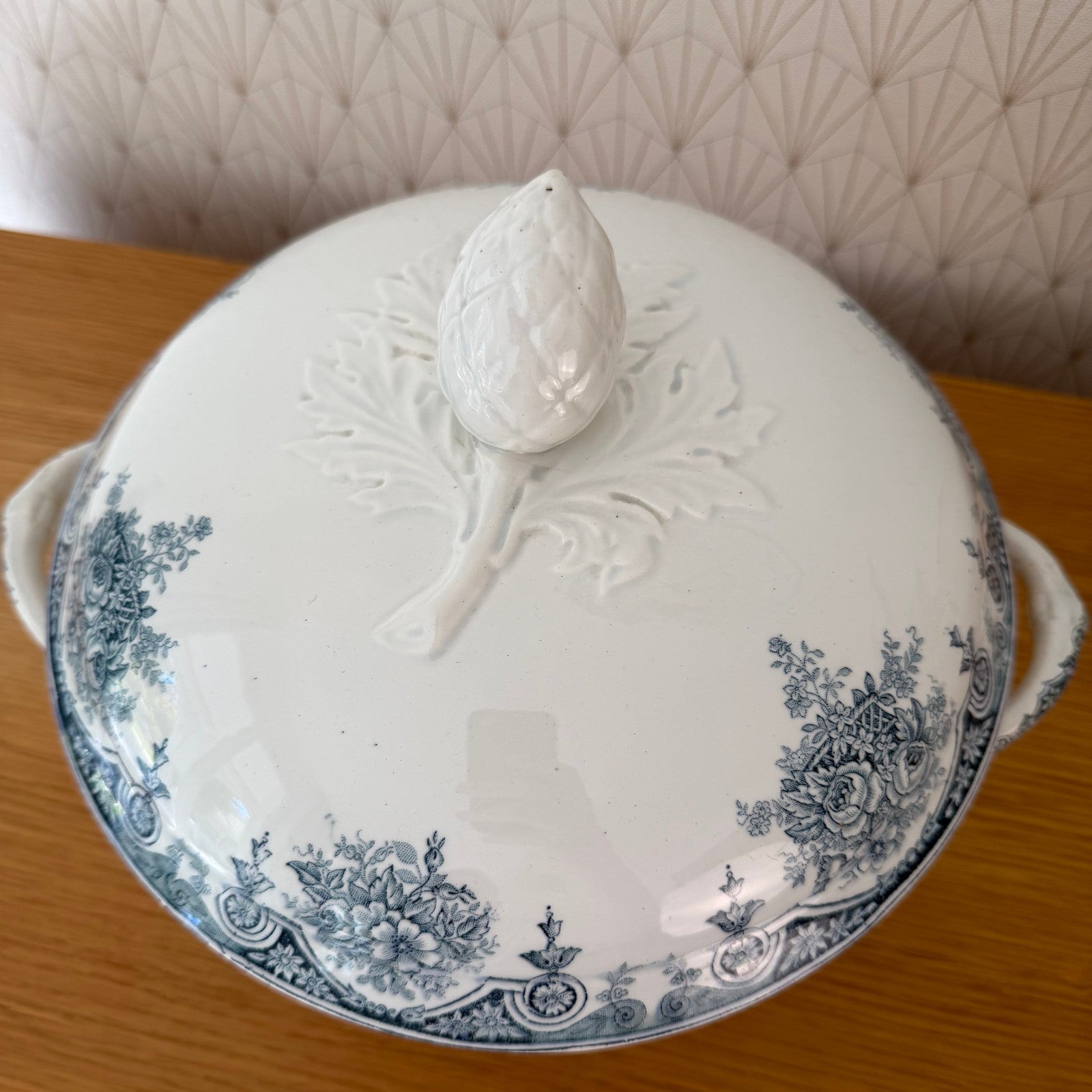 French Tureen Earthenware White Blue Fruits Bowl Terre De Fer 2210251 Fleamarketfrance : French vintage and antique decor