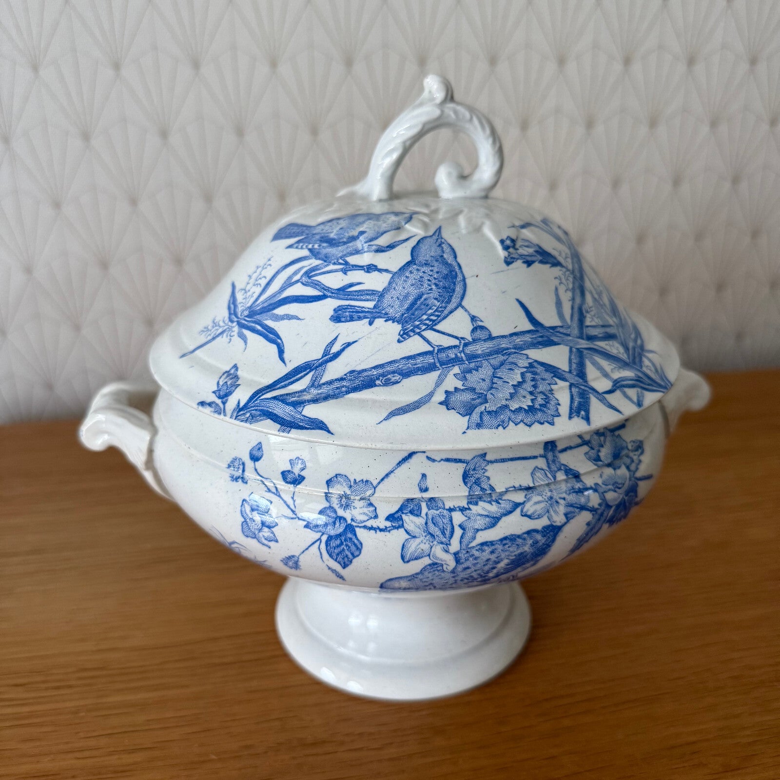 French Blue White Transferware Tureen St Amand Birds Flowers Vintage 1804251 Fleamarketfrance
