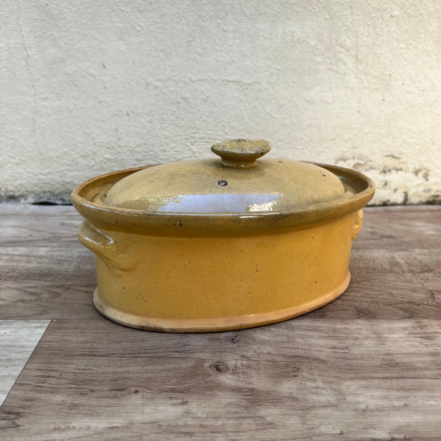 Vintage French Stoneware Terrine Yellow Glazed Ceramic Lidded Pot 0509243 Unmarked