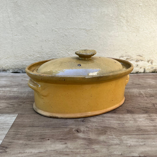 Vintage French Stoneware Terrine Yellow Glazed Ceramic Lidded Pot 0509243 Unmarked
