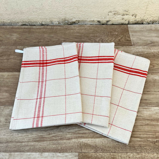 Vintage Rustic French Linen Red Stripe Tea Towel dish cloth Set of 3 25022214 - Fleamarketfrance