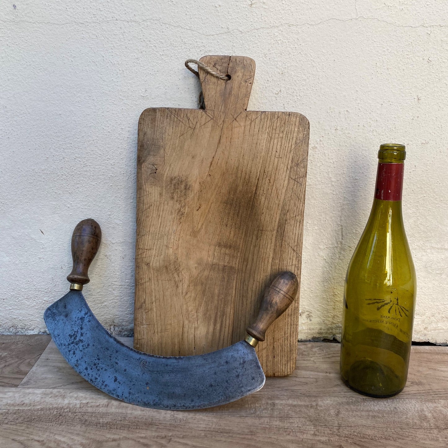 Antique French Wooden Cutting Board & Hachoir Mezzaluna Set 0707266 Unbranded