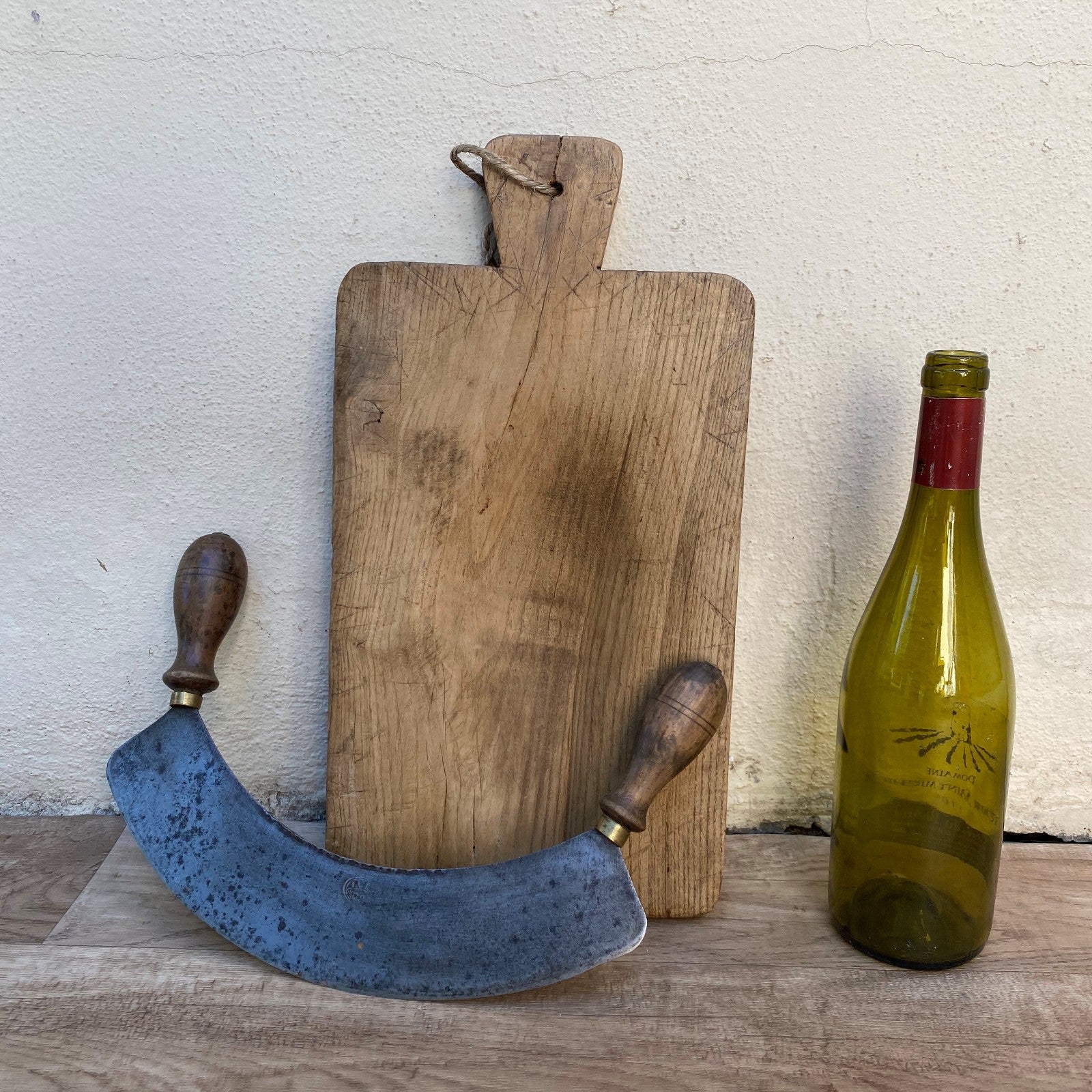 Antique French Wooden Cutting Board & Hachoir Mezzaluna Set 0707266 Unbranded