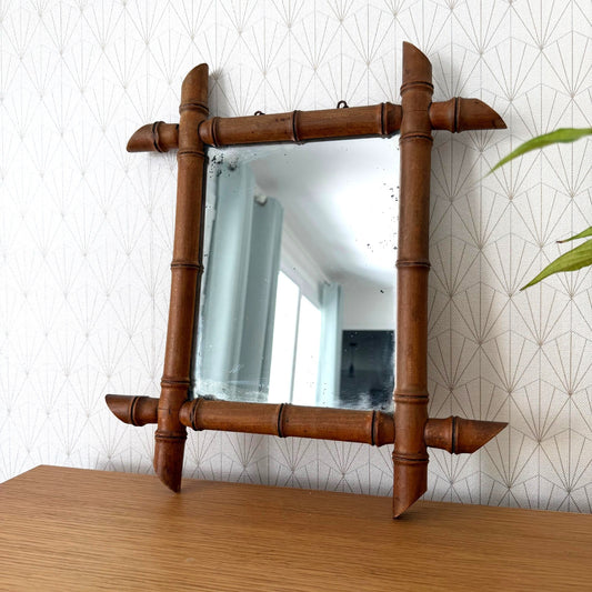 Vintage French Faux Bamboo Wall Mirror Wood Frame Aged Patina 25052610 Fleamarketfrance