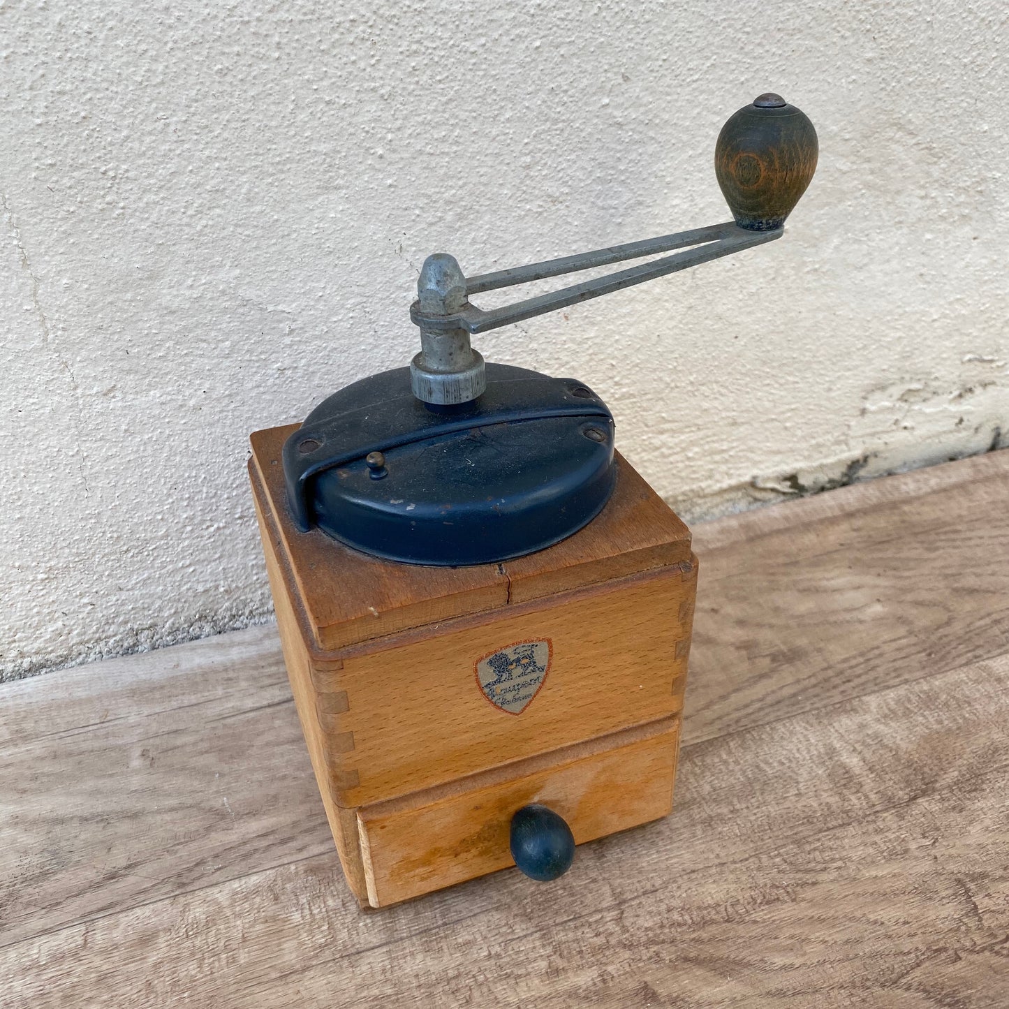 Vintage Peugeot Coffee Grinder French Blue Cast Iron Wood Mill 05082222 Peugeot Freres