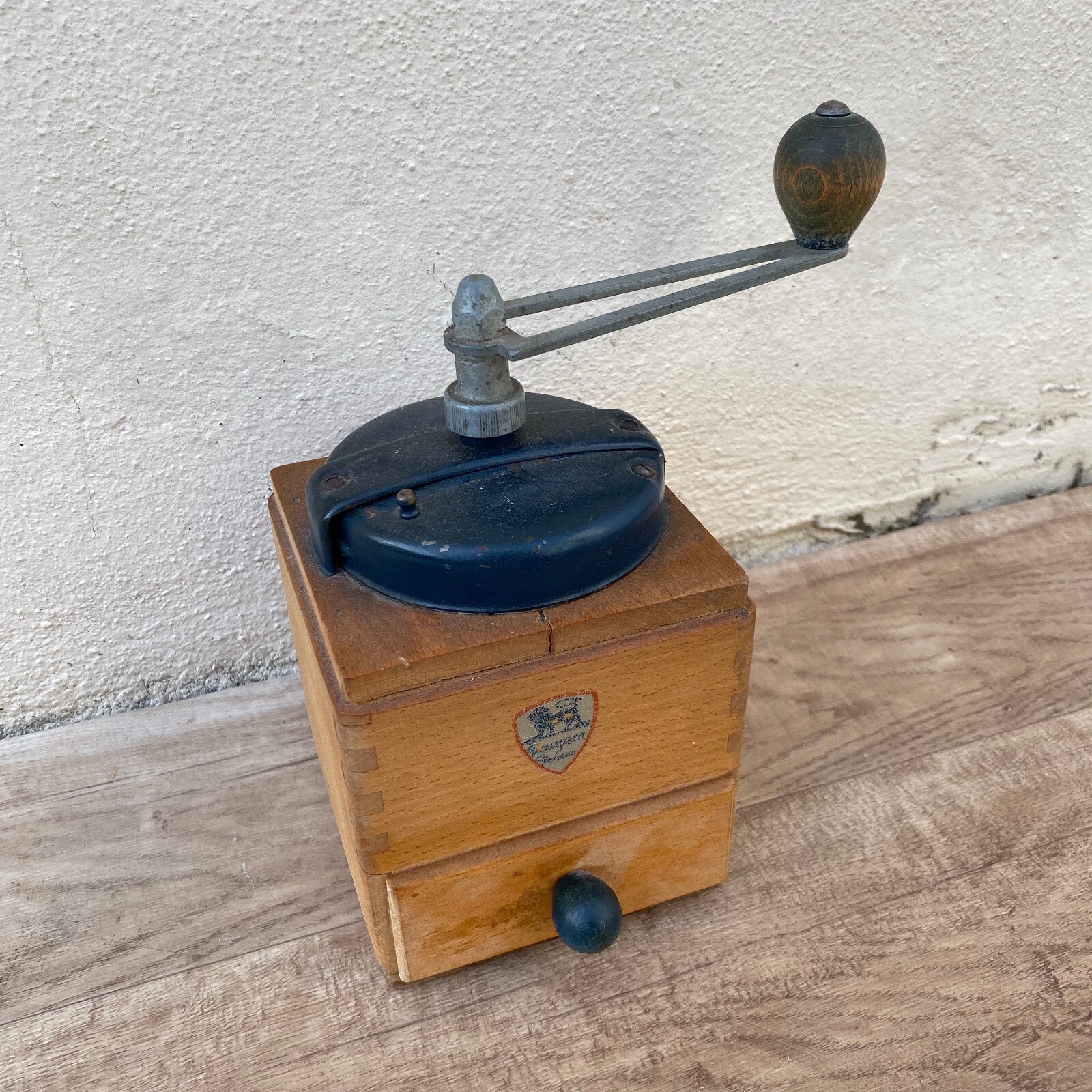Vintage Peugeot Coffee Grinder French Blue Cast Iron Wood Mill 05082222 Peugeot Freres