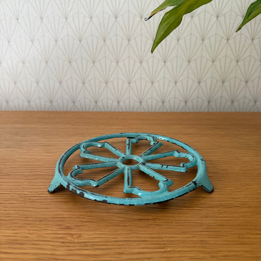Antique vintage french Cast iron kitchen Trivet  france blue turquoise 0807257