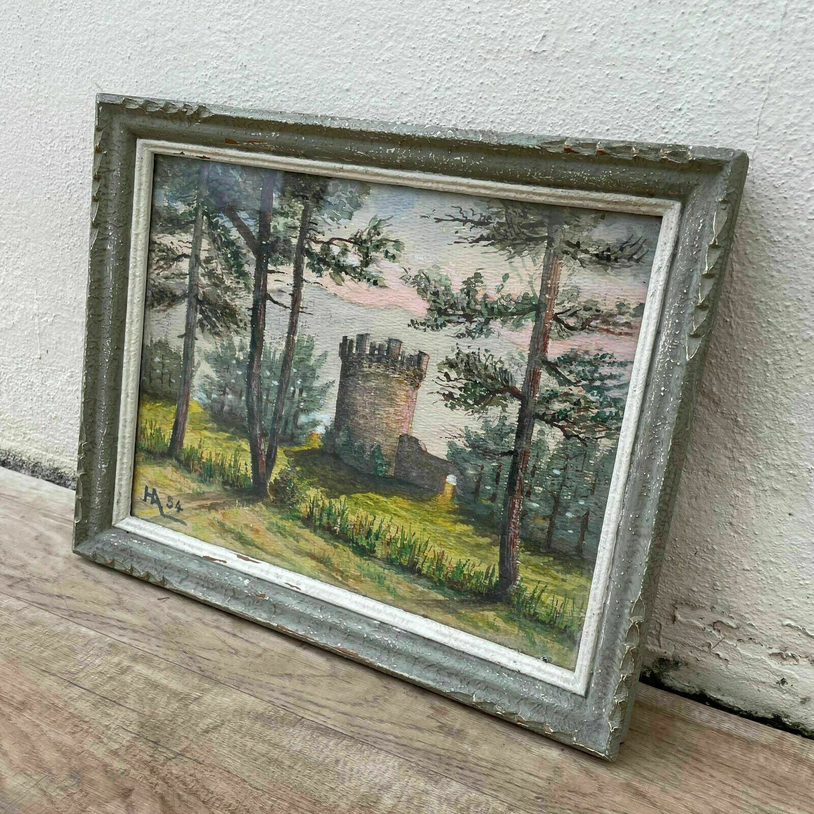 French Watercolor Castle Landscape Painting Signed HA54 Vintage 15022120 Fleamarketfrance