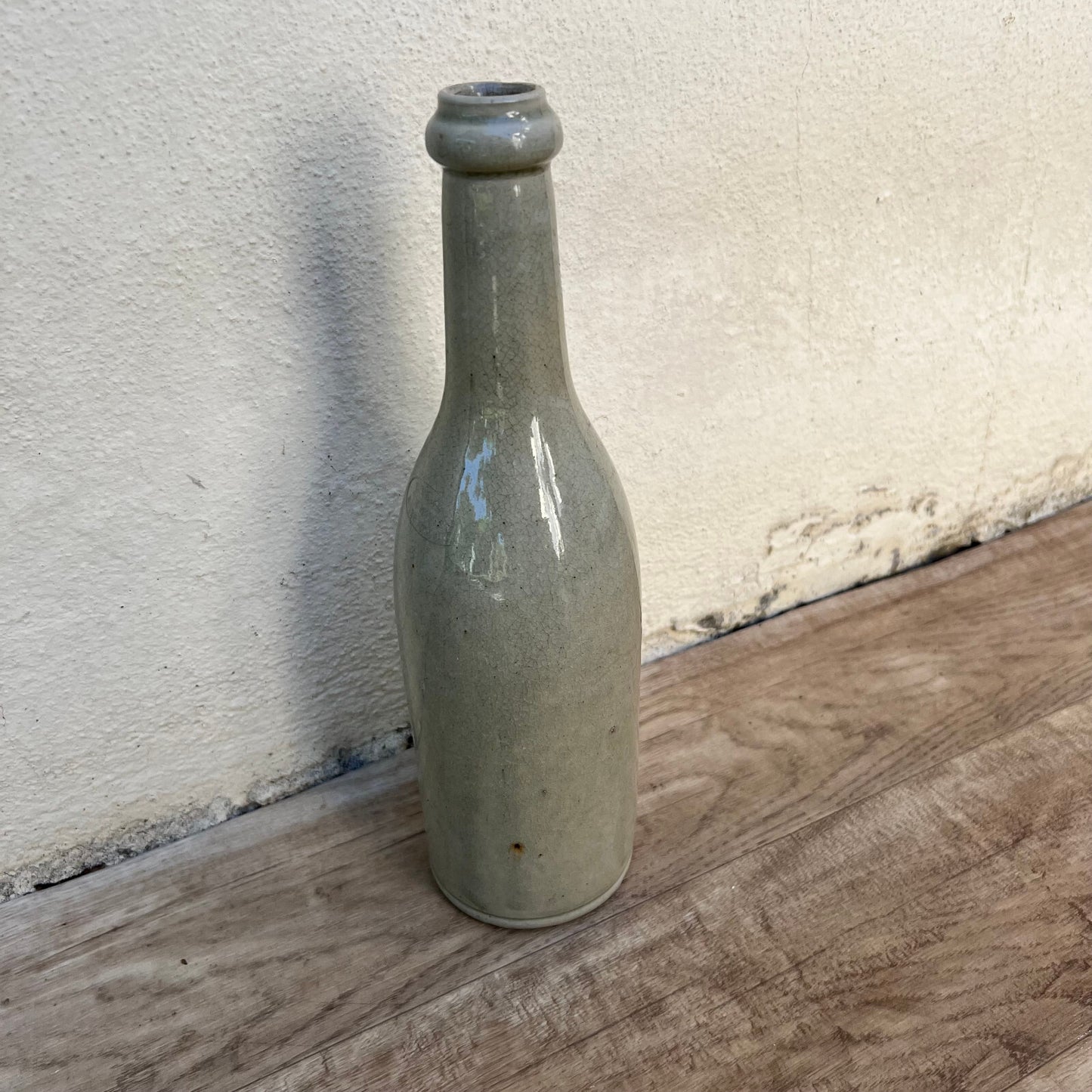 French Stoneware Bottle Vintage Wine Water Jug Green Glaze 11.5" 0610249 Unmarked