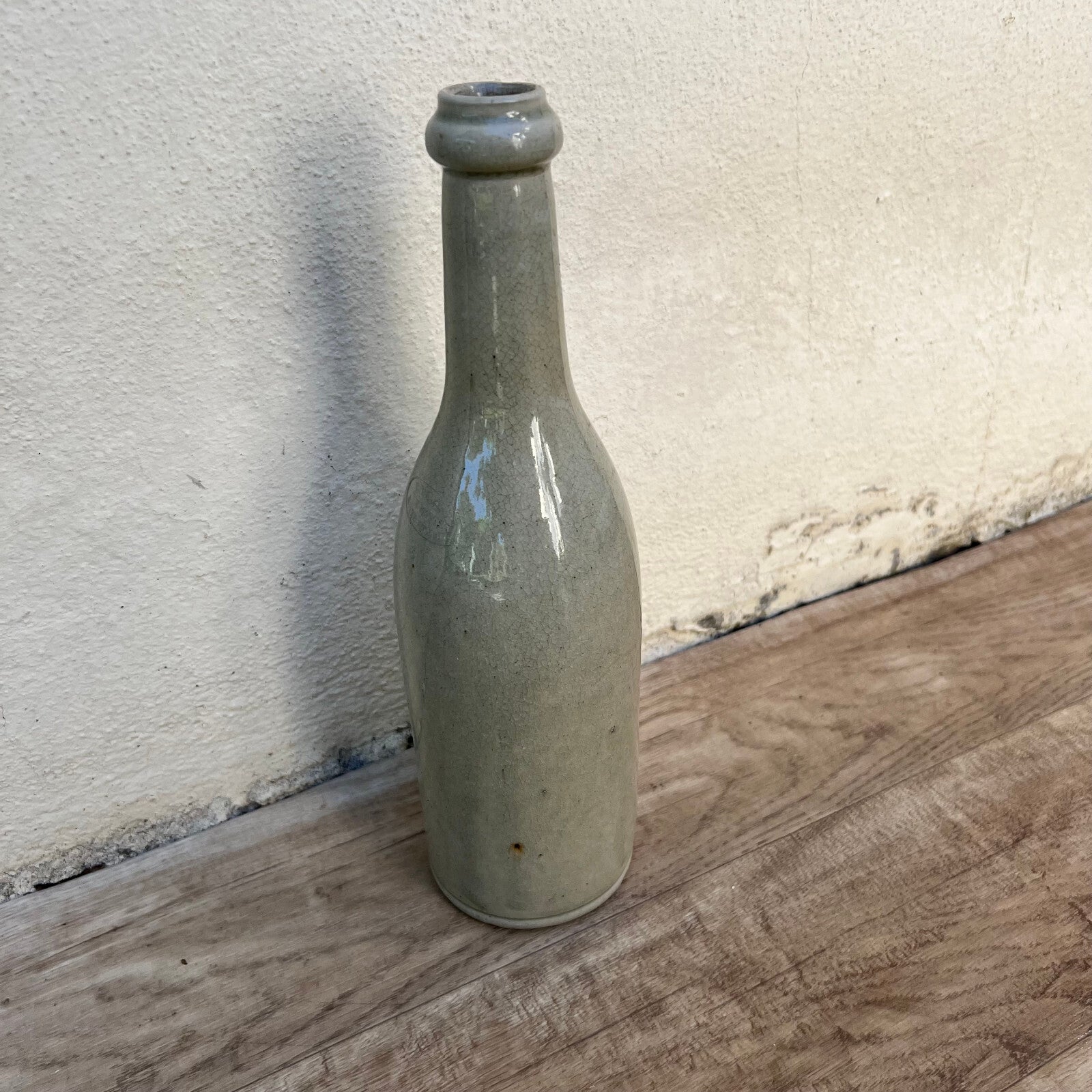French Stoneware Bottle Vintage Wine Water Jug Green Glaze 11.5" 0610249 Unmarked