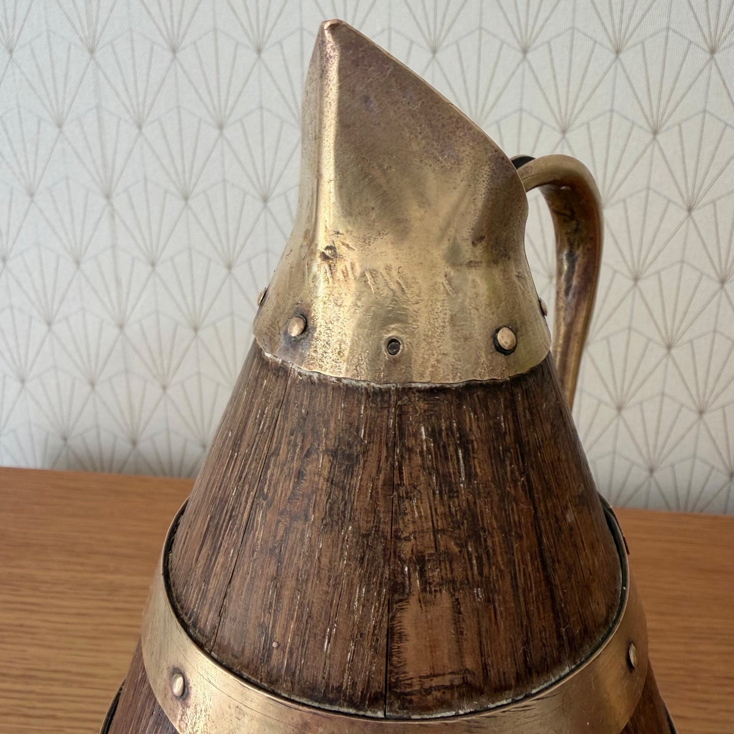 Antique French Wooden Wine Pitcher Staved Wood Brass Bands Cider Jug 0405263 Fleamarketfrance