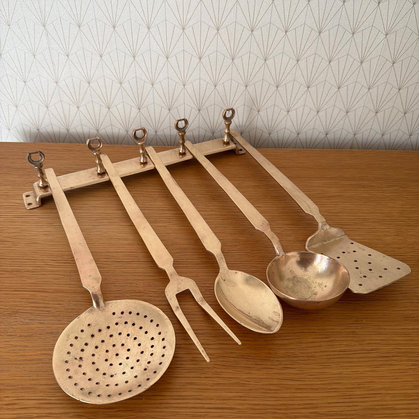 Vintage French Brass Kitchen Utensils Set 6 Pieces Hanging Bar 1805267 Unbranded