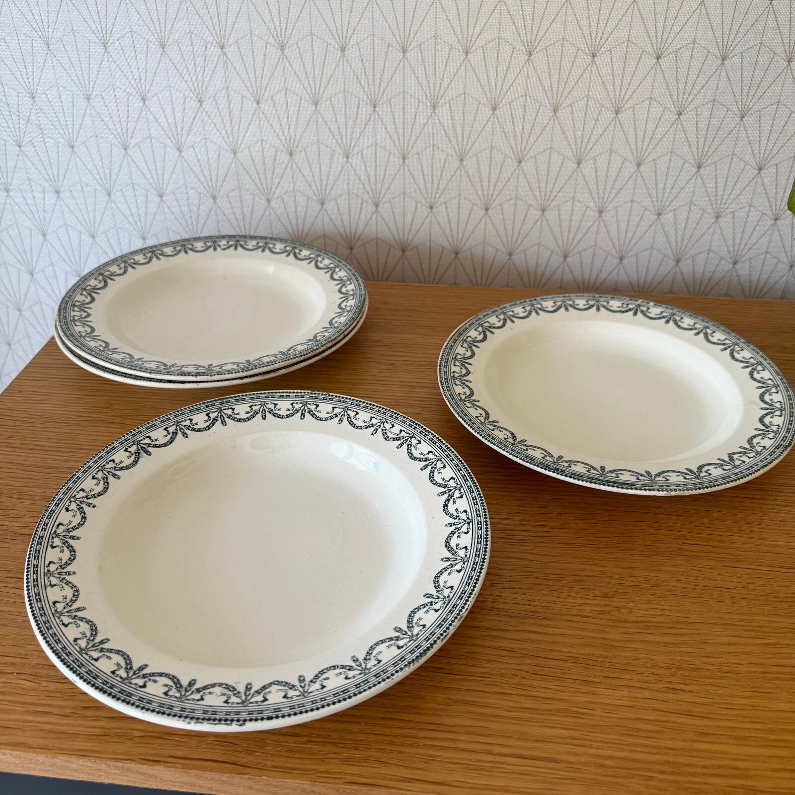 French Antique Ironstone Soup Plates Salins Louis XVI Garland 19th C 0505256 salins