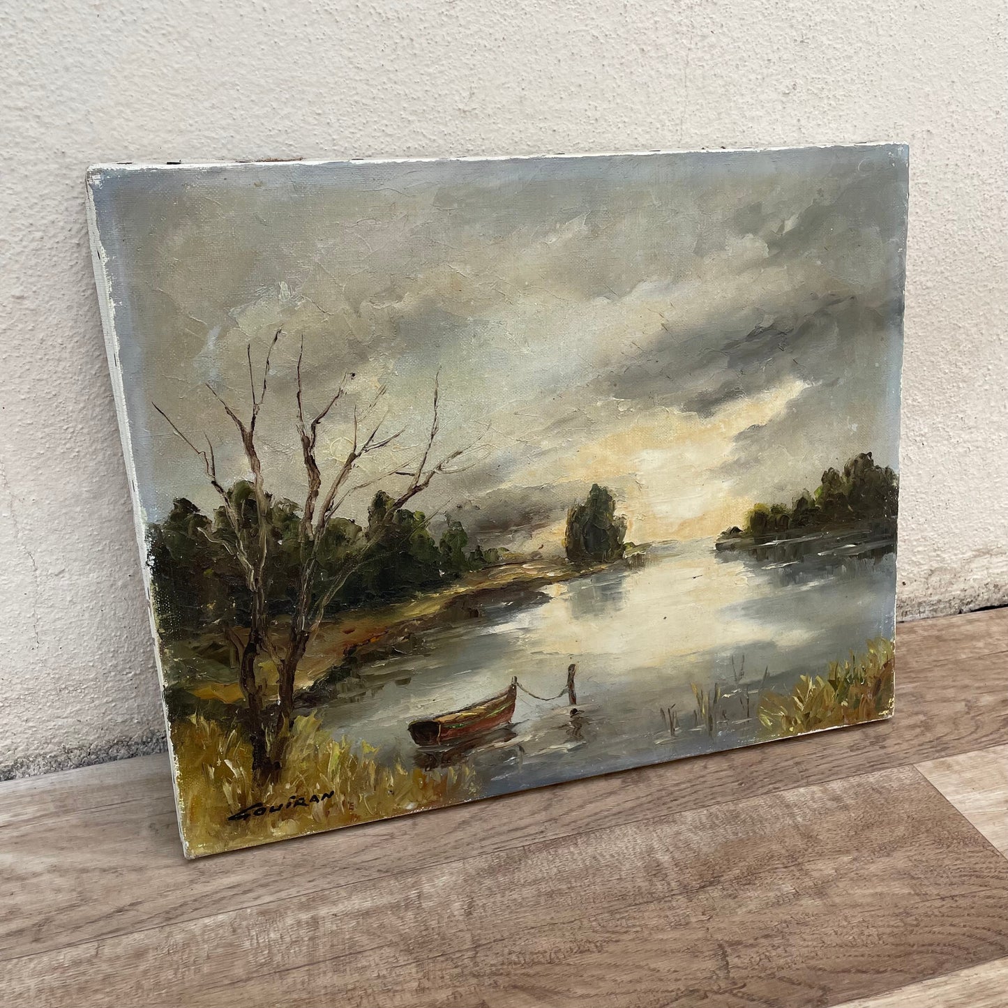 Vintage French Art Landscape Painting Campaign Lake Boat 1703252