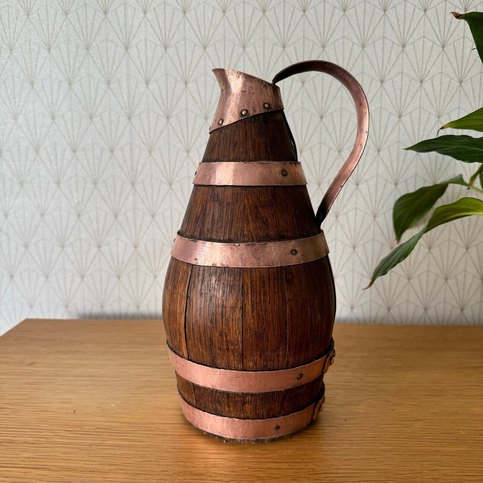 Vintage French Wooden Wine Cider Jug Pitcher Staved Wood Metal 11 1/2" 19062411 - Fleamarketfrance