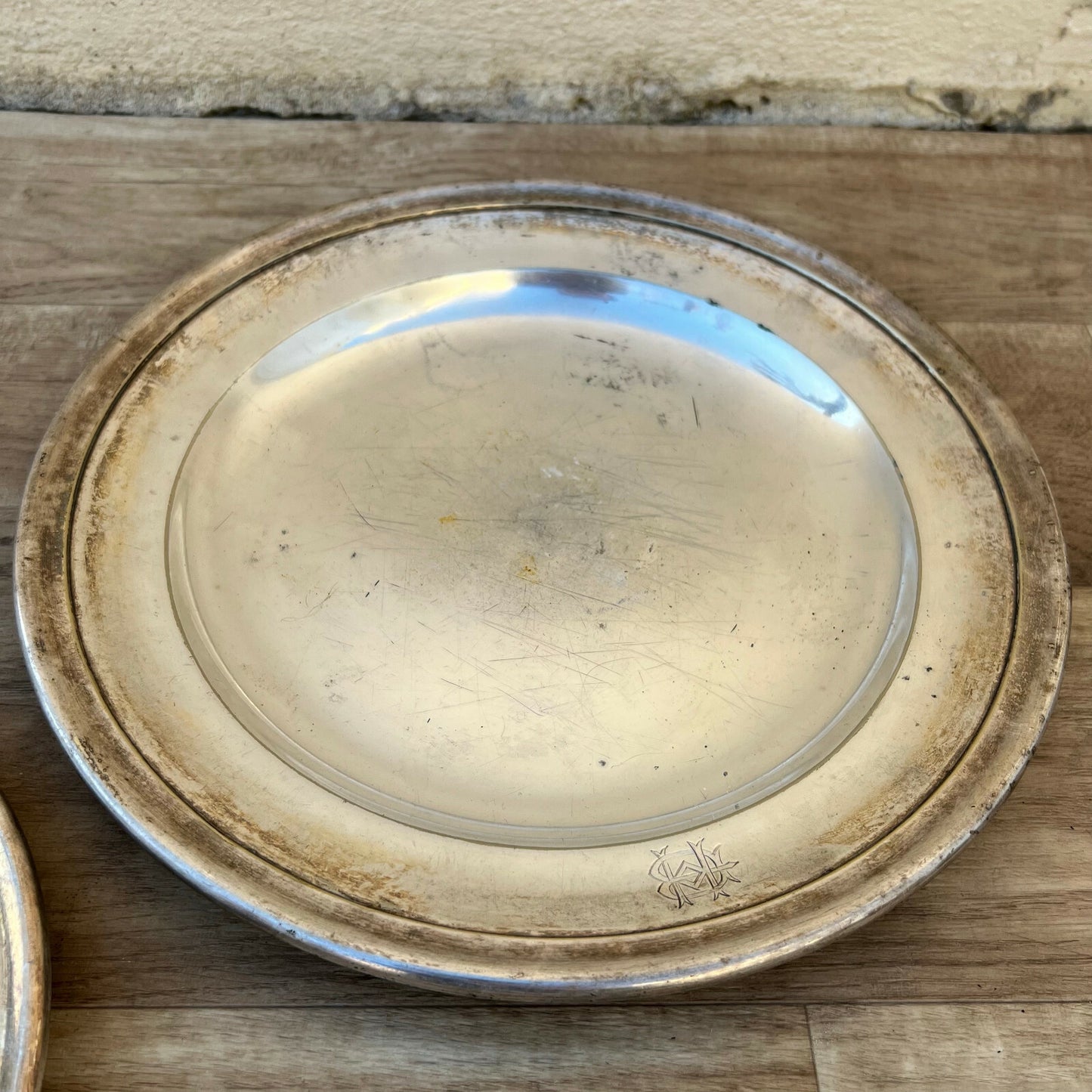 2 Vintage silverplate Serving Tray ROUND 9" 11 3/4" 01032215 CHRISTOFLE
