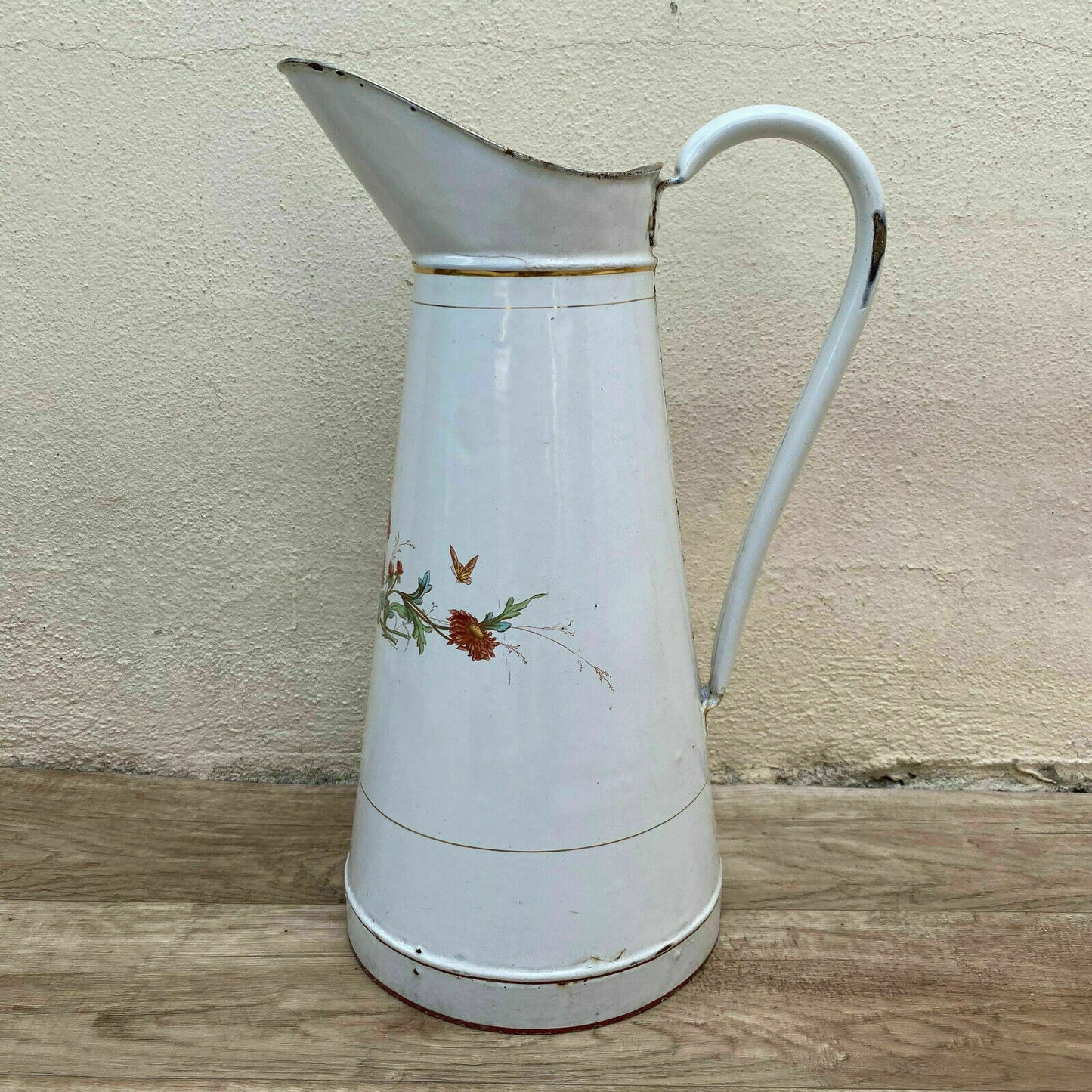 Vintage French JAPY Enamel pitcher jug water enameled white FLOWERS 08112011 - Fleamarketfrance