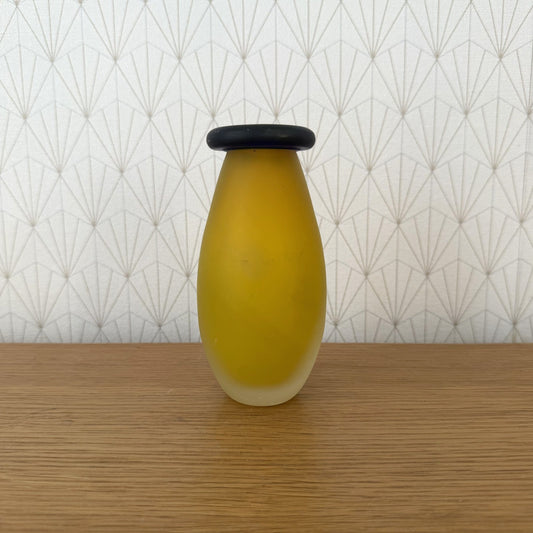 Satin glass soliflore vase with ochre-yellow frosted body and black collar, front view