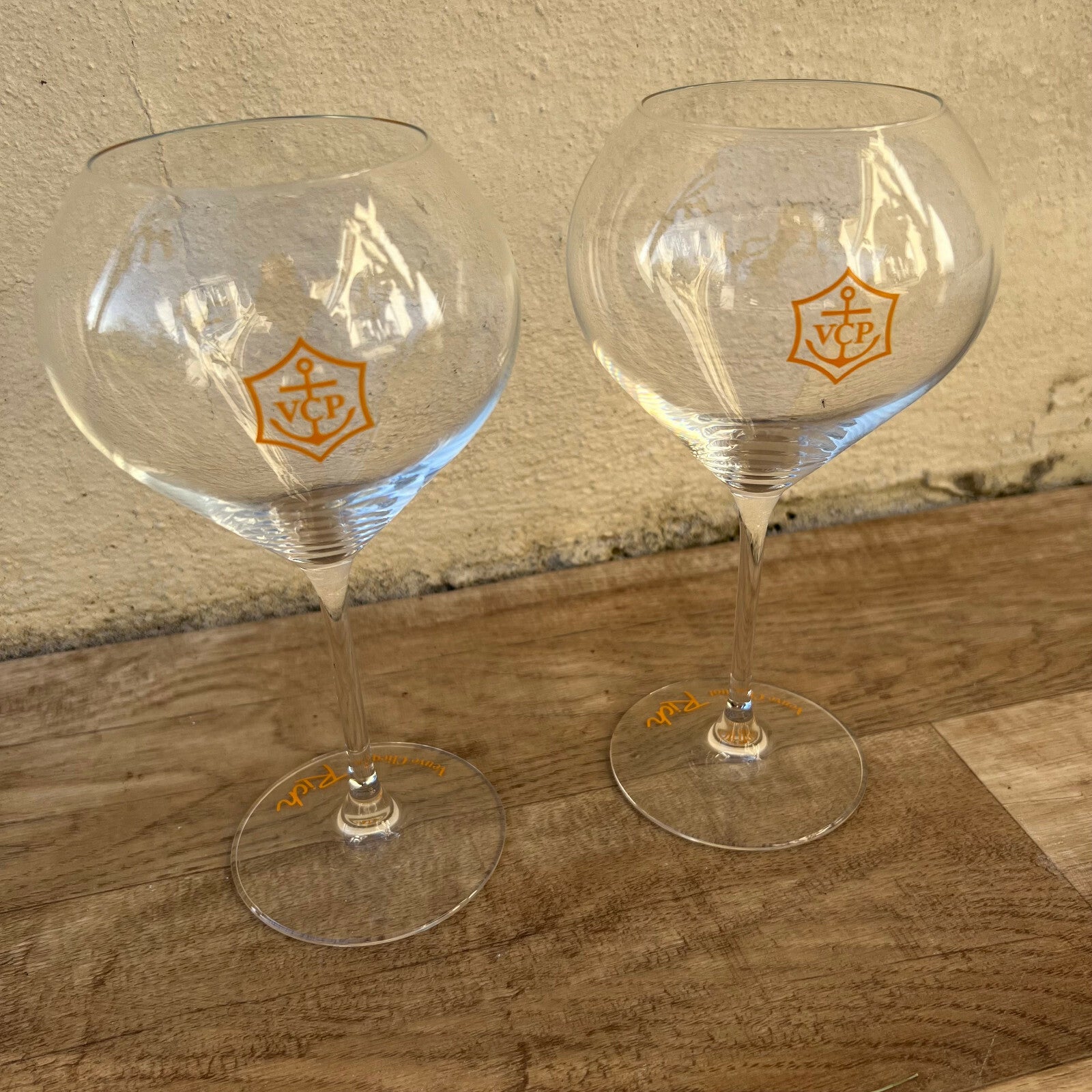Veuve Clicquot Rich Champagne Glasses Pair Orange Logo Crystal France 14032512 Veuve Clicquot