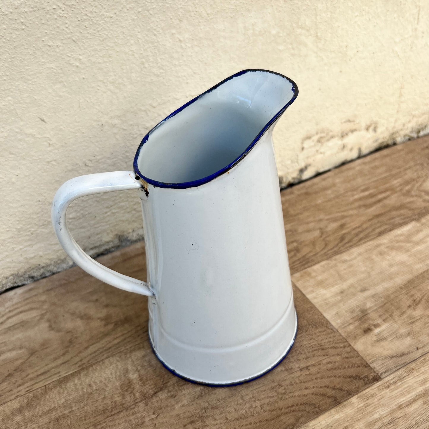French Enamelware Pitcher White Blue Rim Vintage Water Jug 1709221 Fleamarketfrance