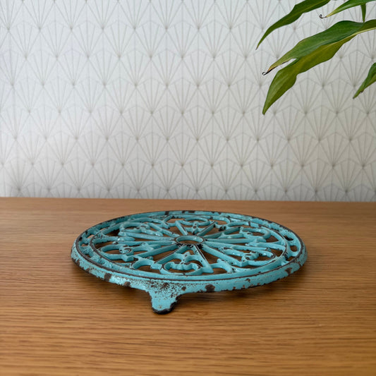 Antique vintage french Cast iron kitchen Trivet  france blue turquoise 0807259