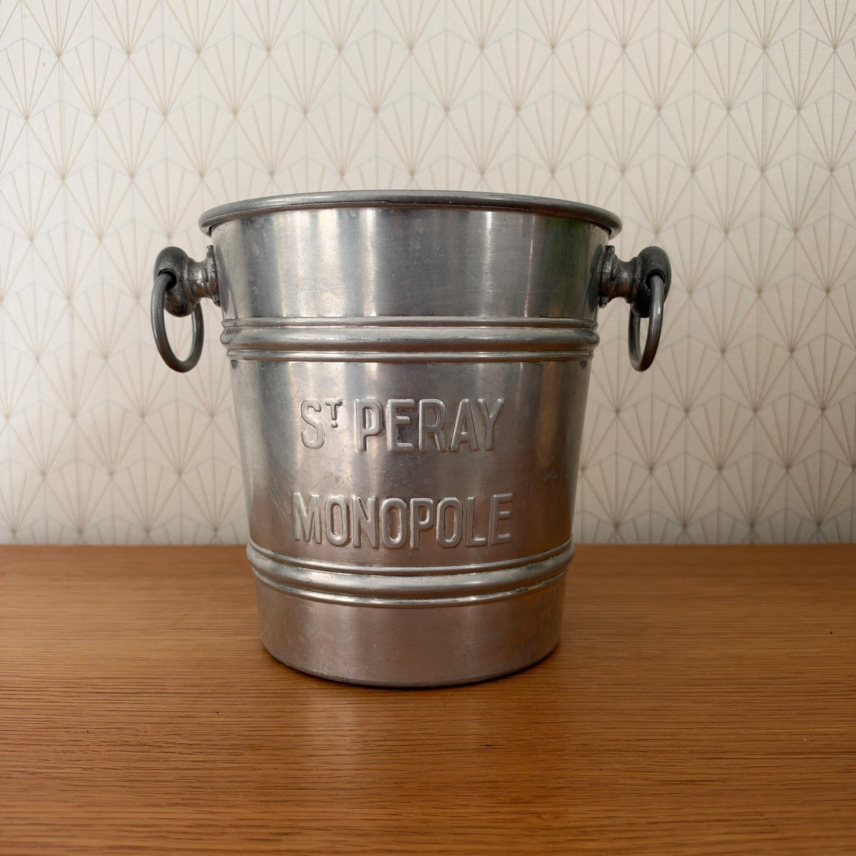 Vintage French aluminum champagne ice bucket with St Peray Monopole embossed branding and ring handles