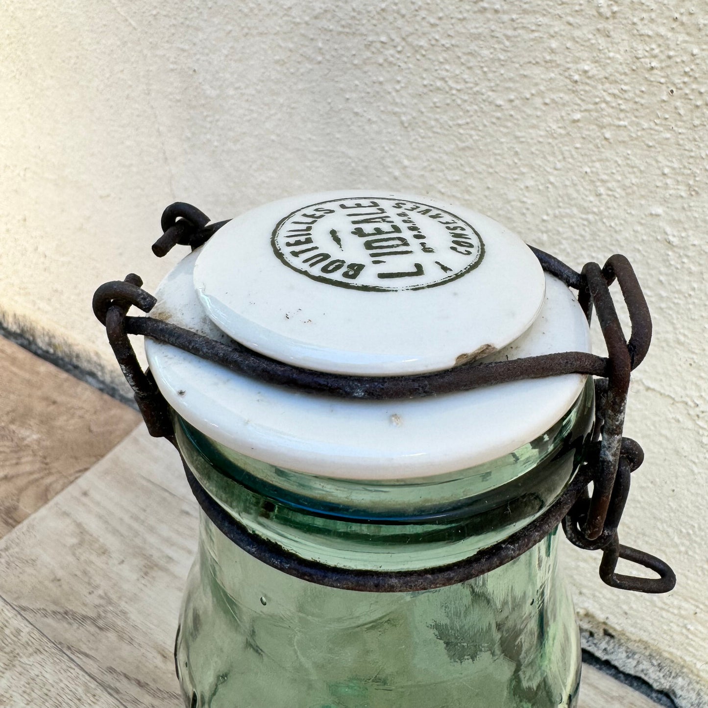 L'Ideal French Canning Jar Vintage Green Glass Porcelain Lid 9" 18102310 Fleamarketfrance