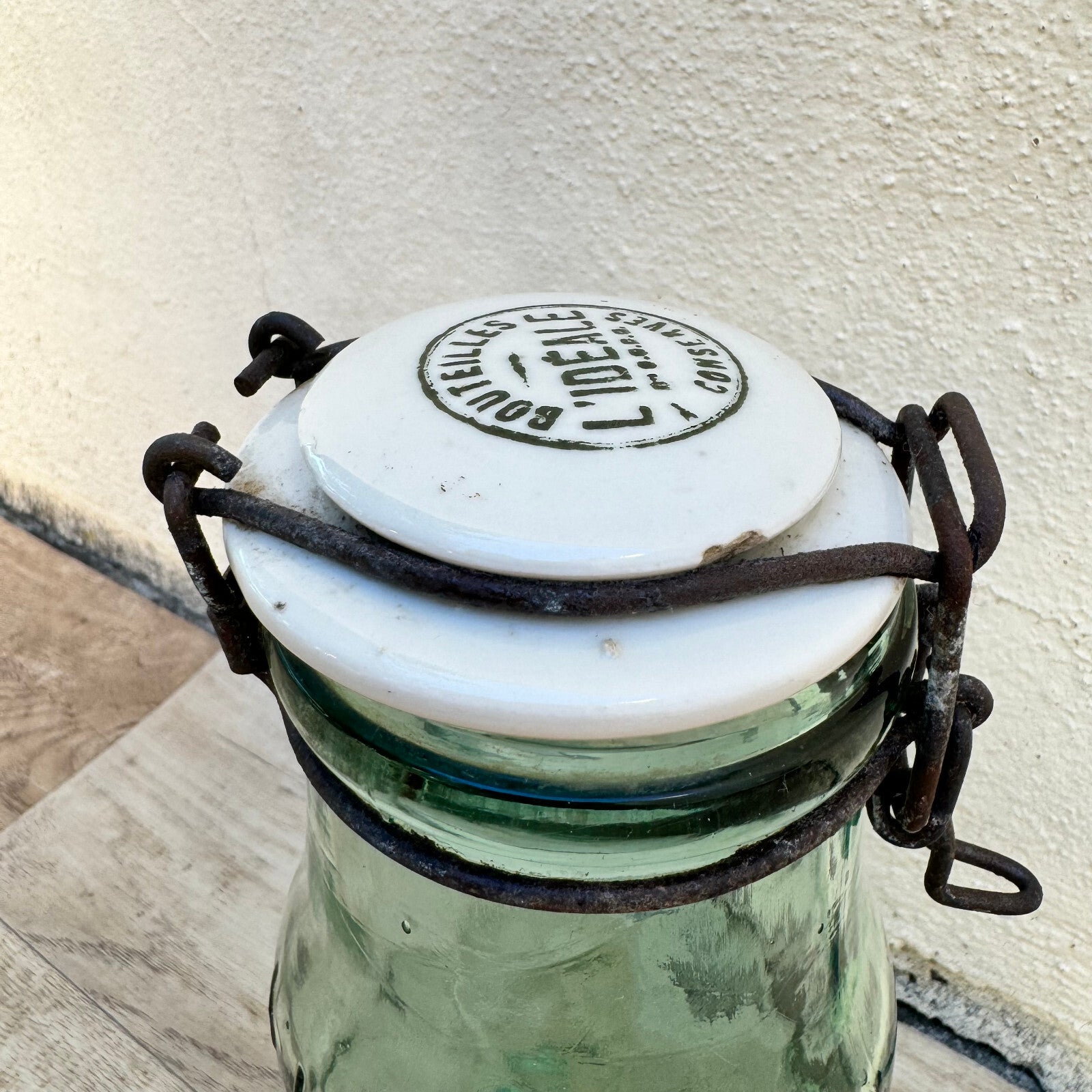L'Ideal French Canning Jar Vintage Green Glass Porcelain Lid 9" 18102310 Fleamarketfrance