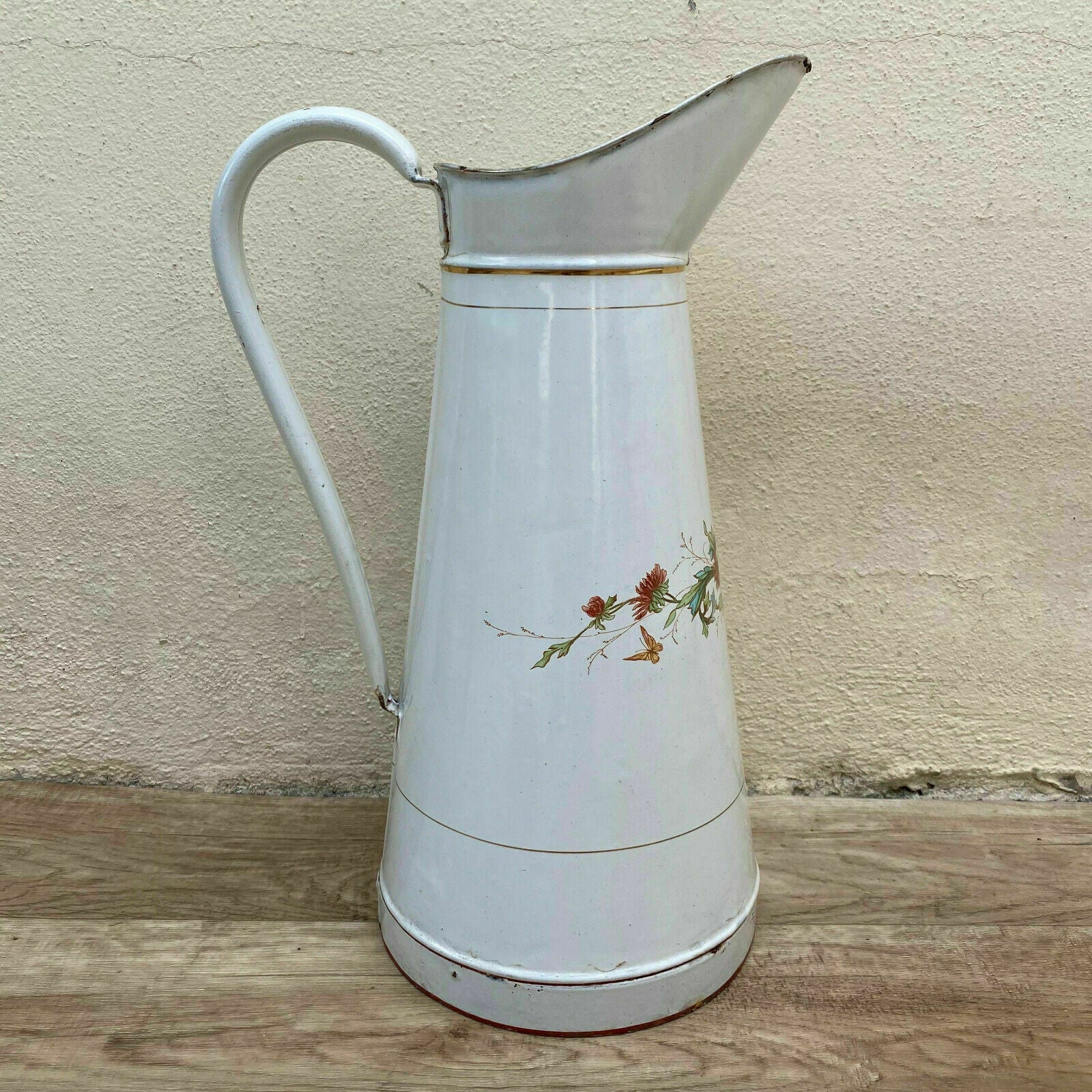 Vintage French Enamel Pitcher Japy White Floral Water Jug 41cm 08112011 Japy