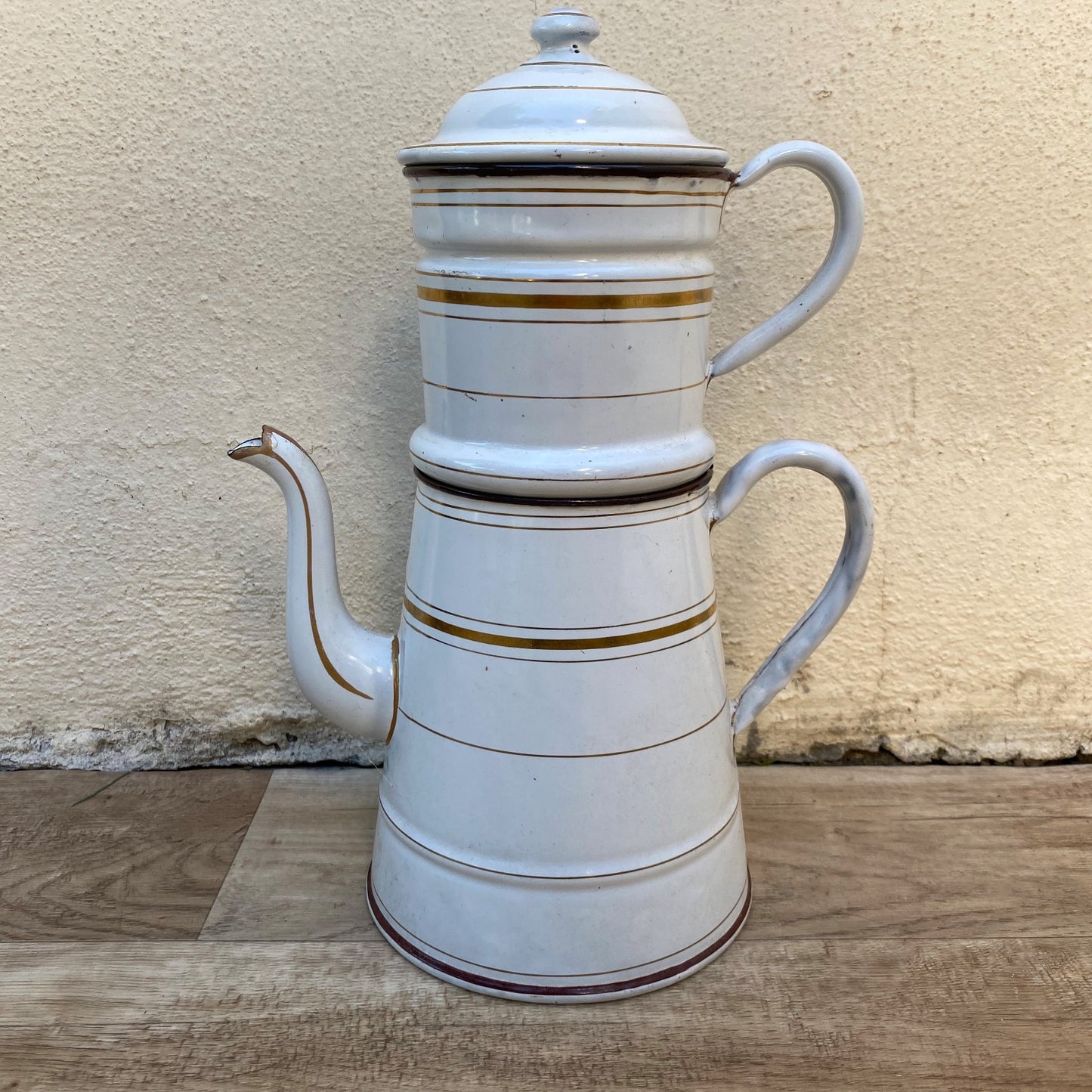 French Enamelware Drip Coffee Pot White Gold Stripes Vintage 04072619 Fleamarketfrance