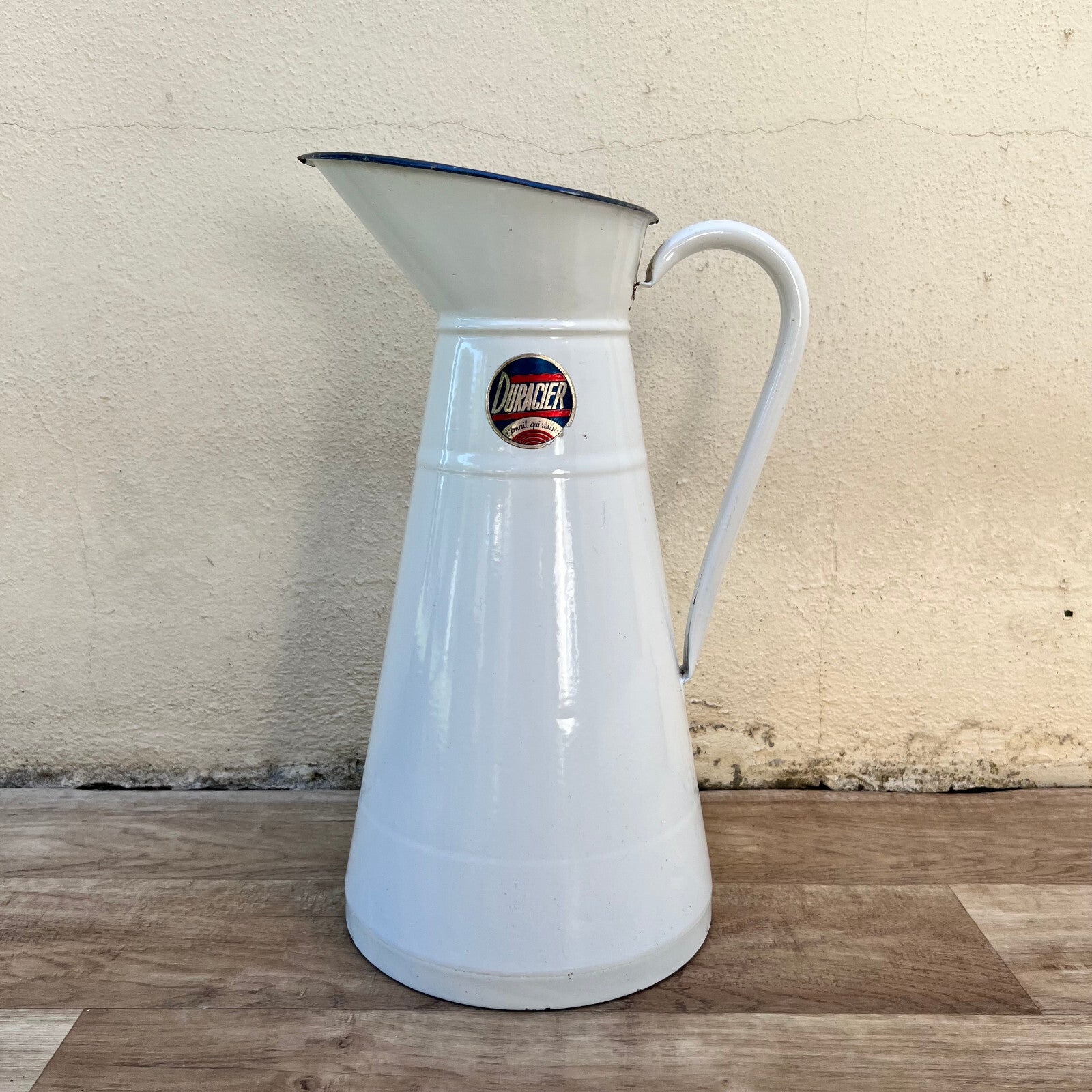 French Enamelware Pitcher White Blue Rim Antique Water Jug Vintage 1008223 Duralex