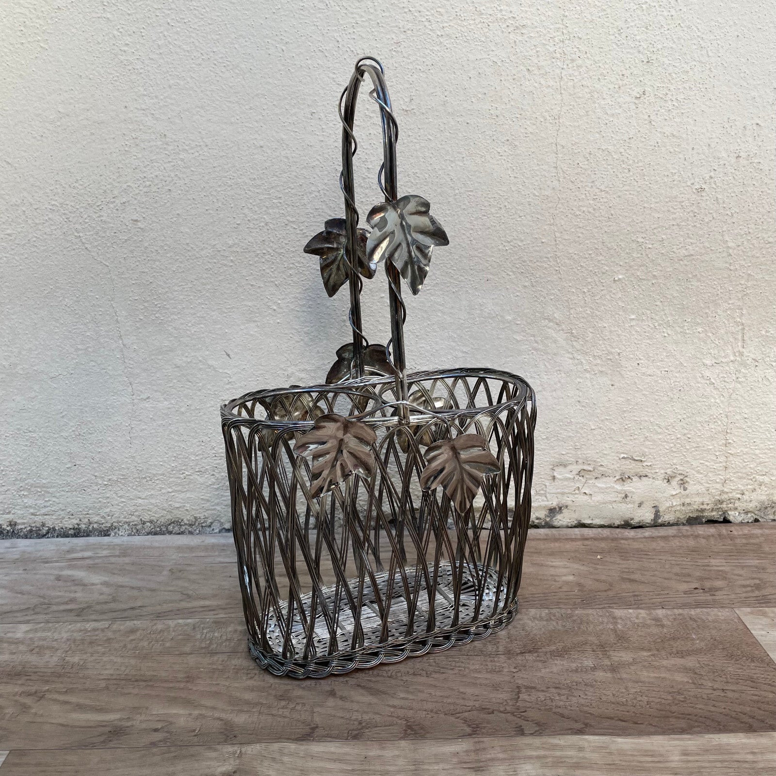 French Wire Basket Bottle Carrier Vintage Silverplate Grape Motif 2710229 Fleamarketfrance